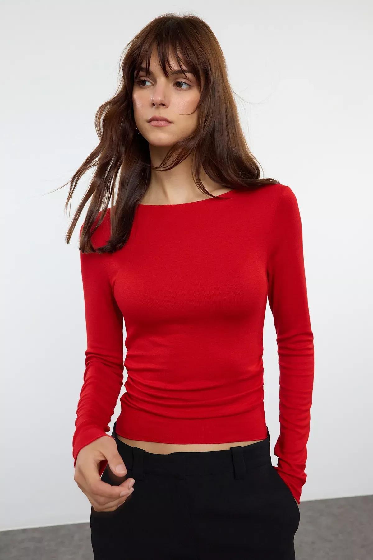 Red Draped Boat Neck Blouse, , large image number 0