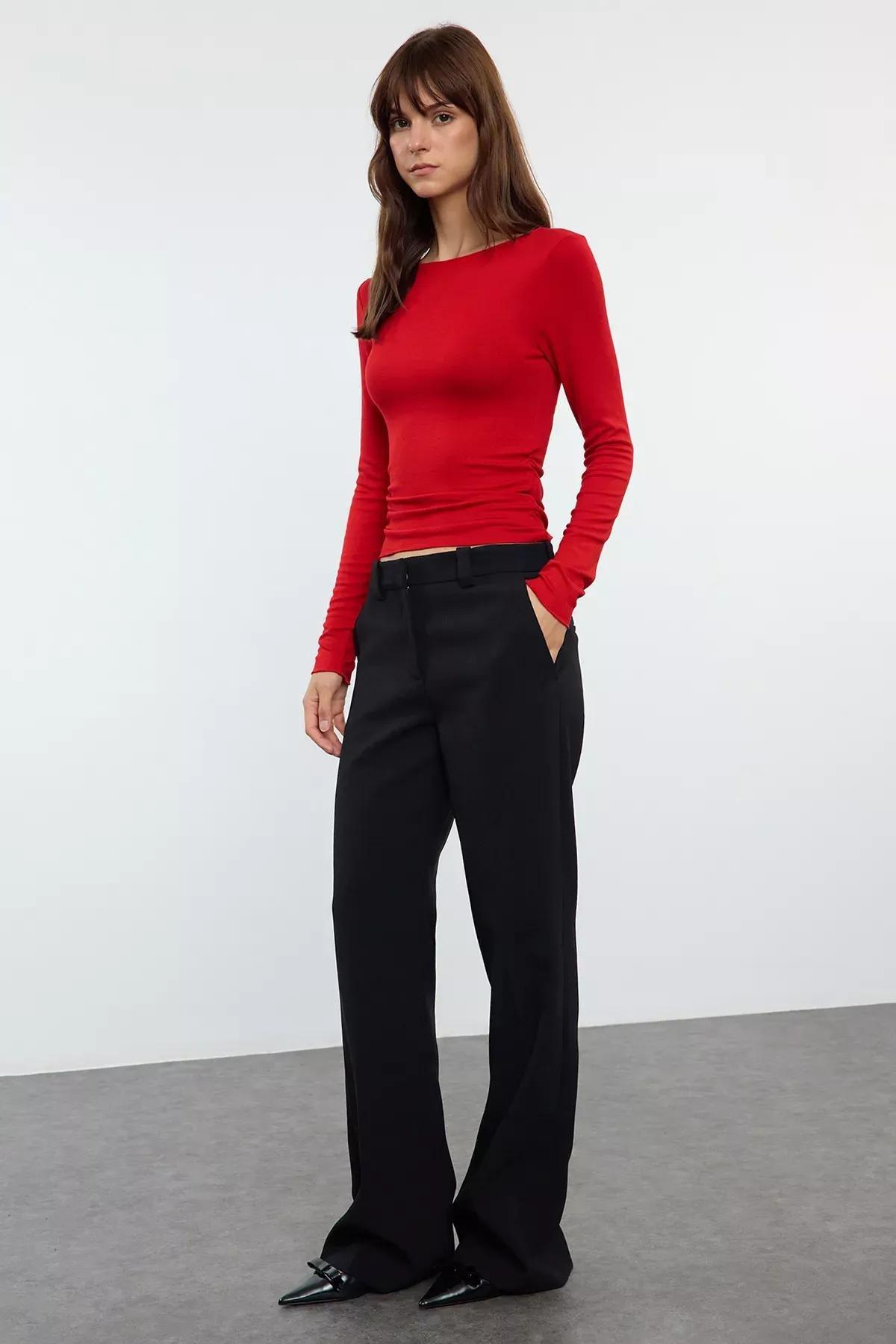 Red Draped Boat Neck Blouse, , large image number 1
