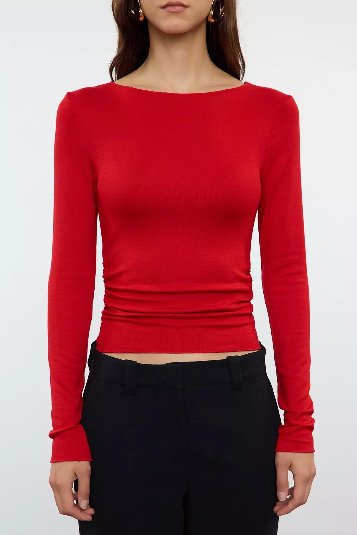 Red Draped Boat Neck Blouse, , large image number 2