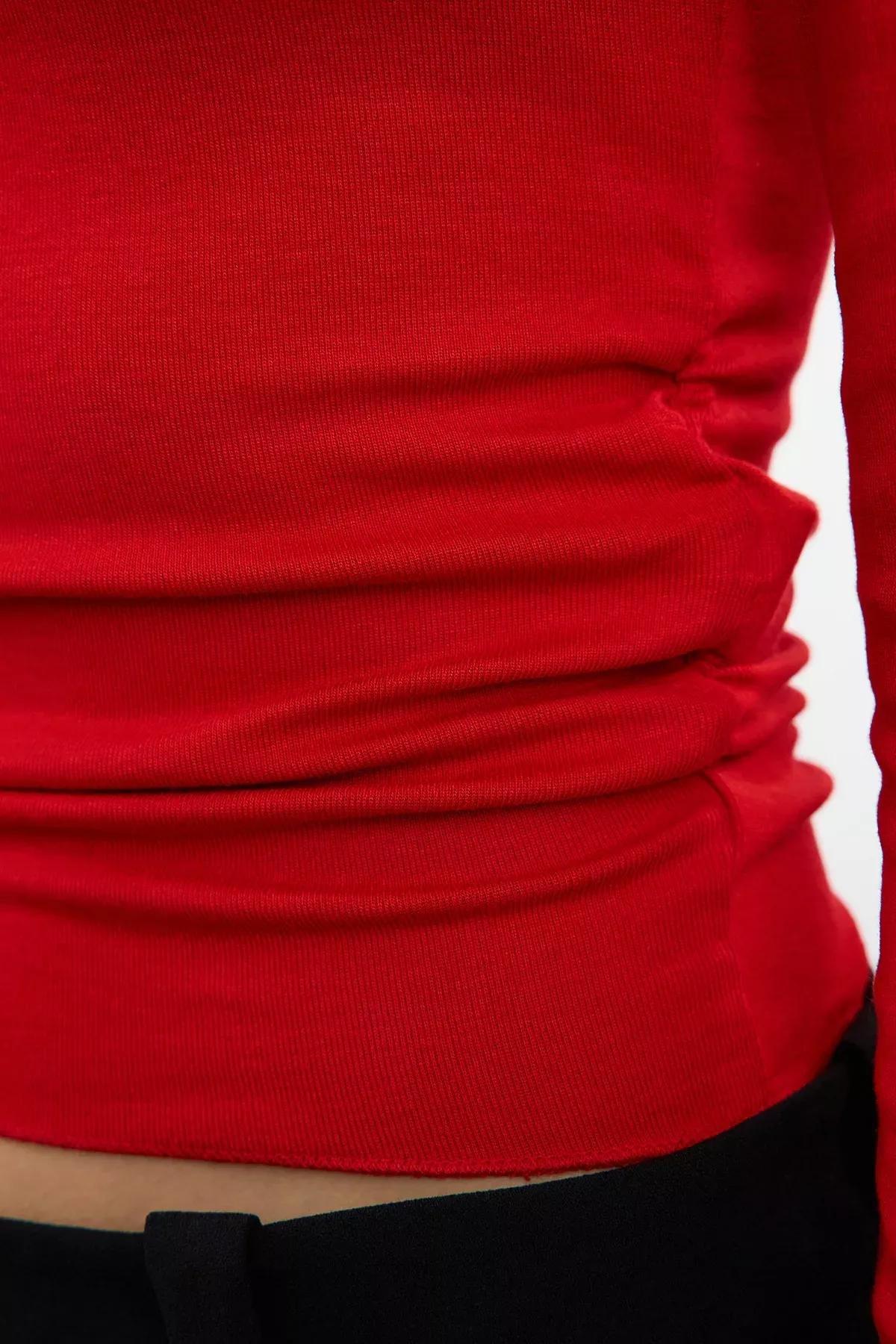 Red Draped Boat Neck Blouse, , large image number 3