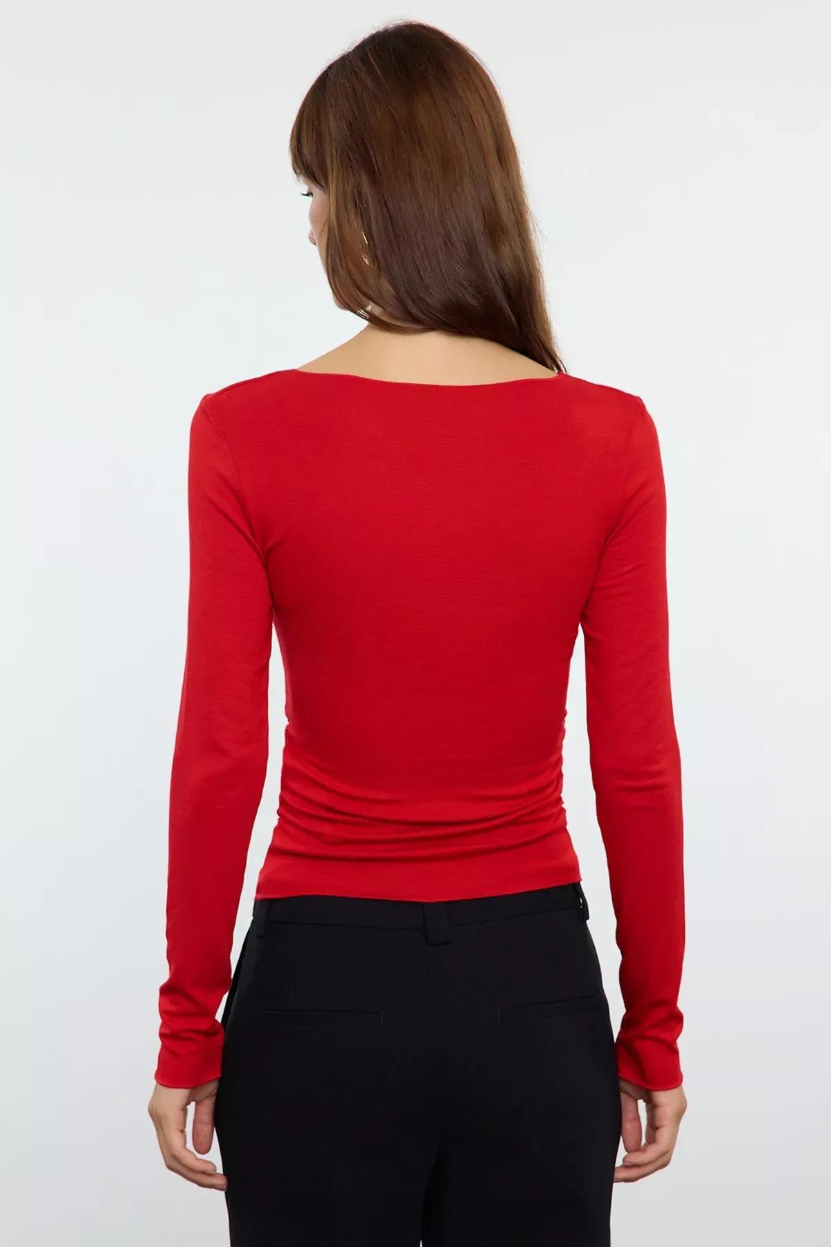 Red Draped Boat Neck Blouse, , large image number 4