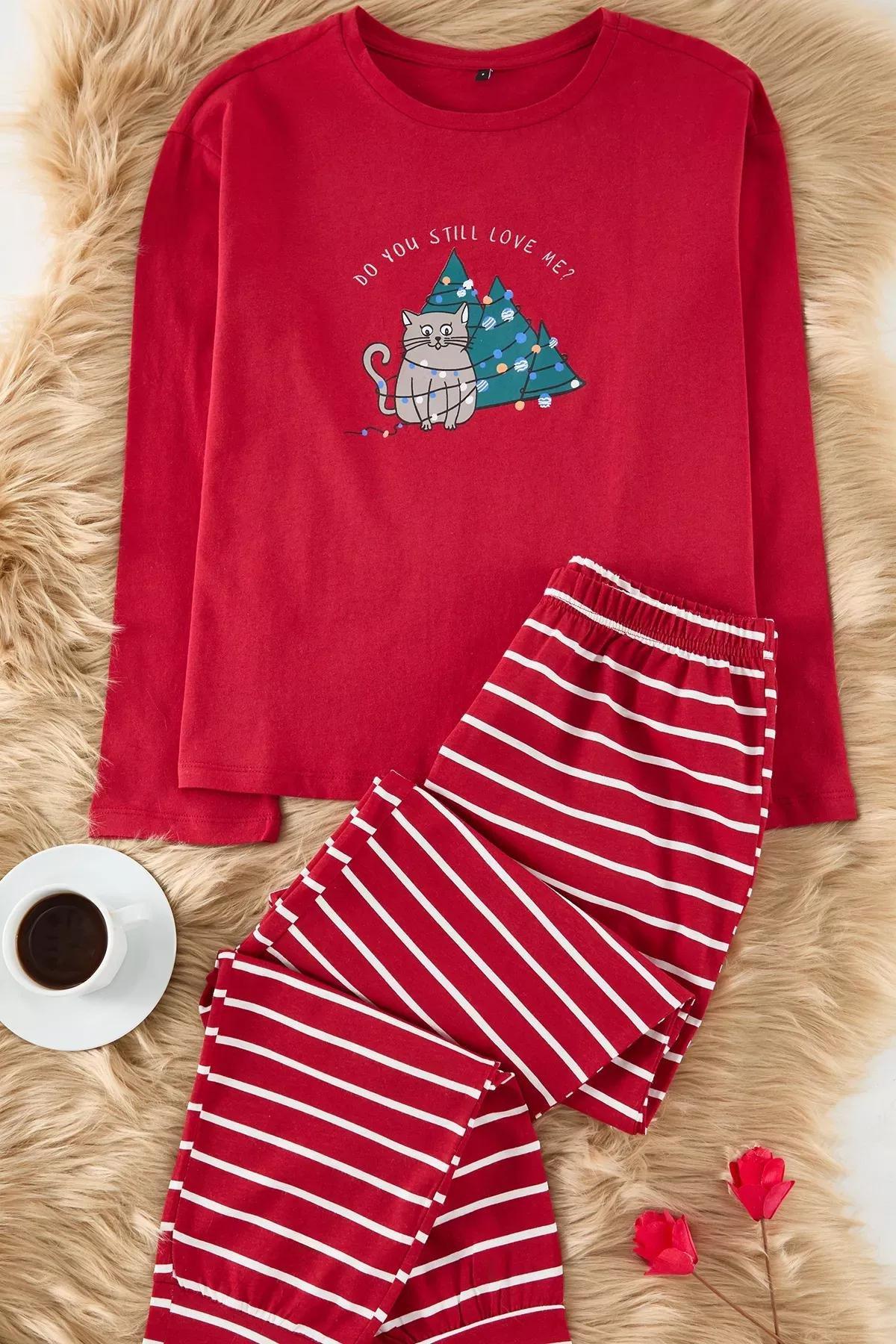 Red New Years Jersey Pajama Set, Burgundy, medium