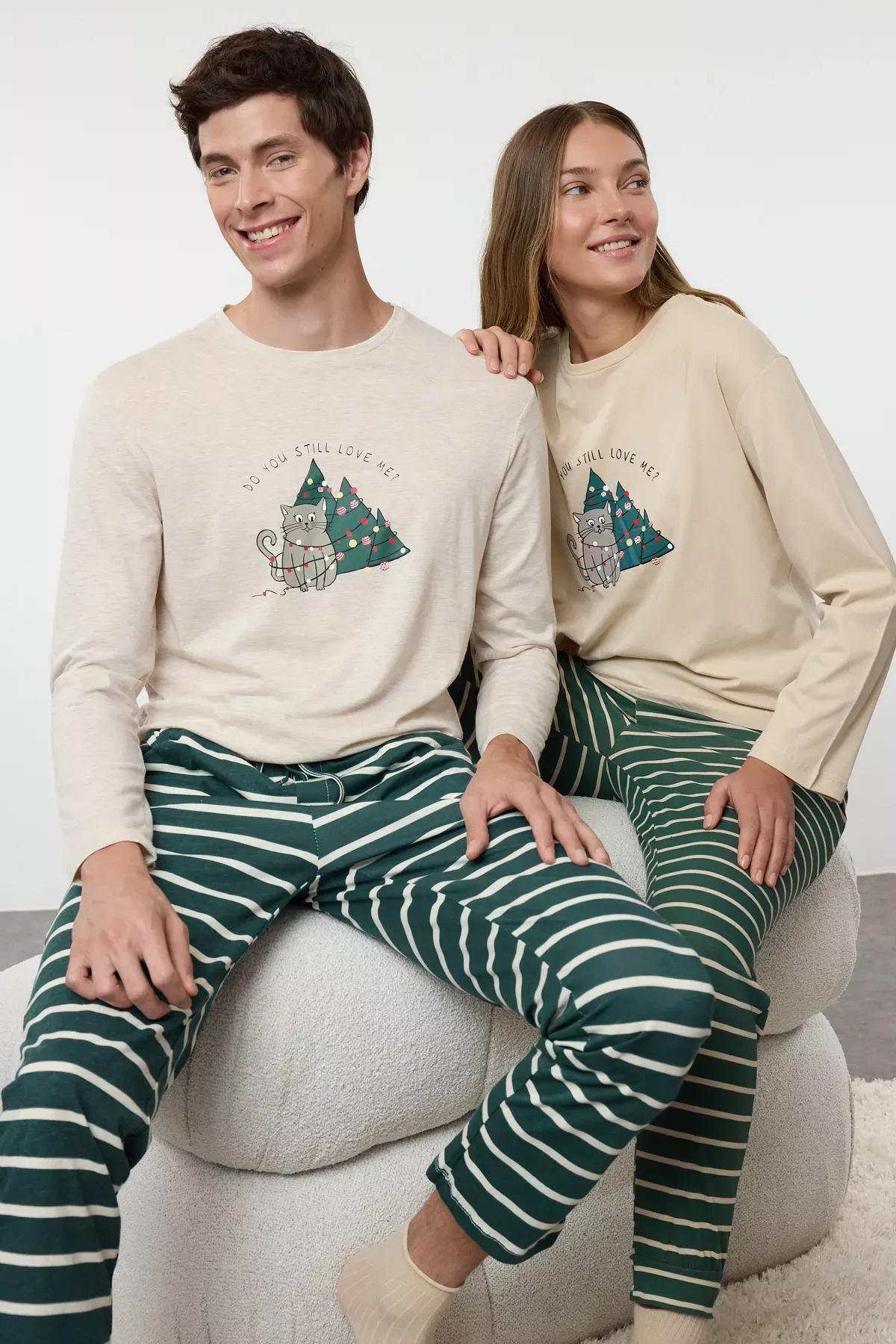 Beige Striped Christmas Pajama Set, Beige, large image number 0