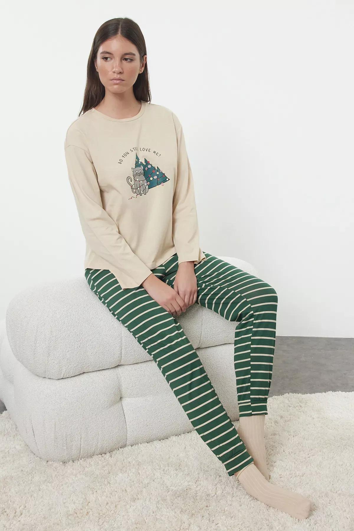 Beige Striped Christmas Pajama Set, Beige, medium