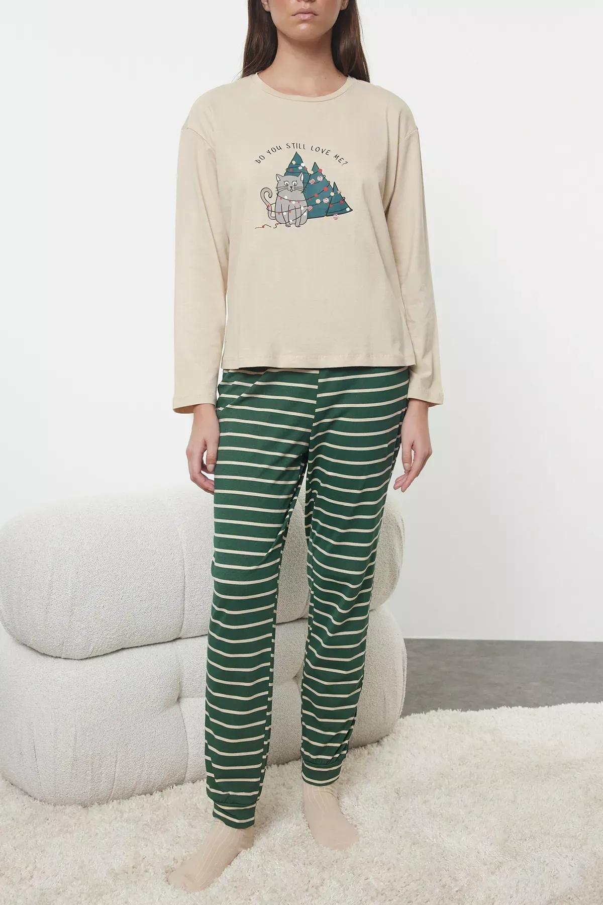 Beige Striped Christmas Pajama Set, Beige, medium