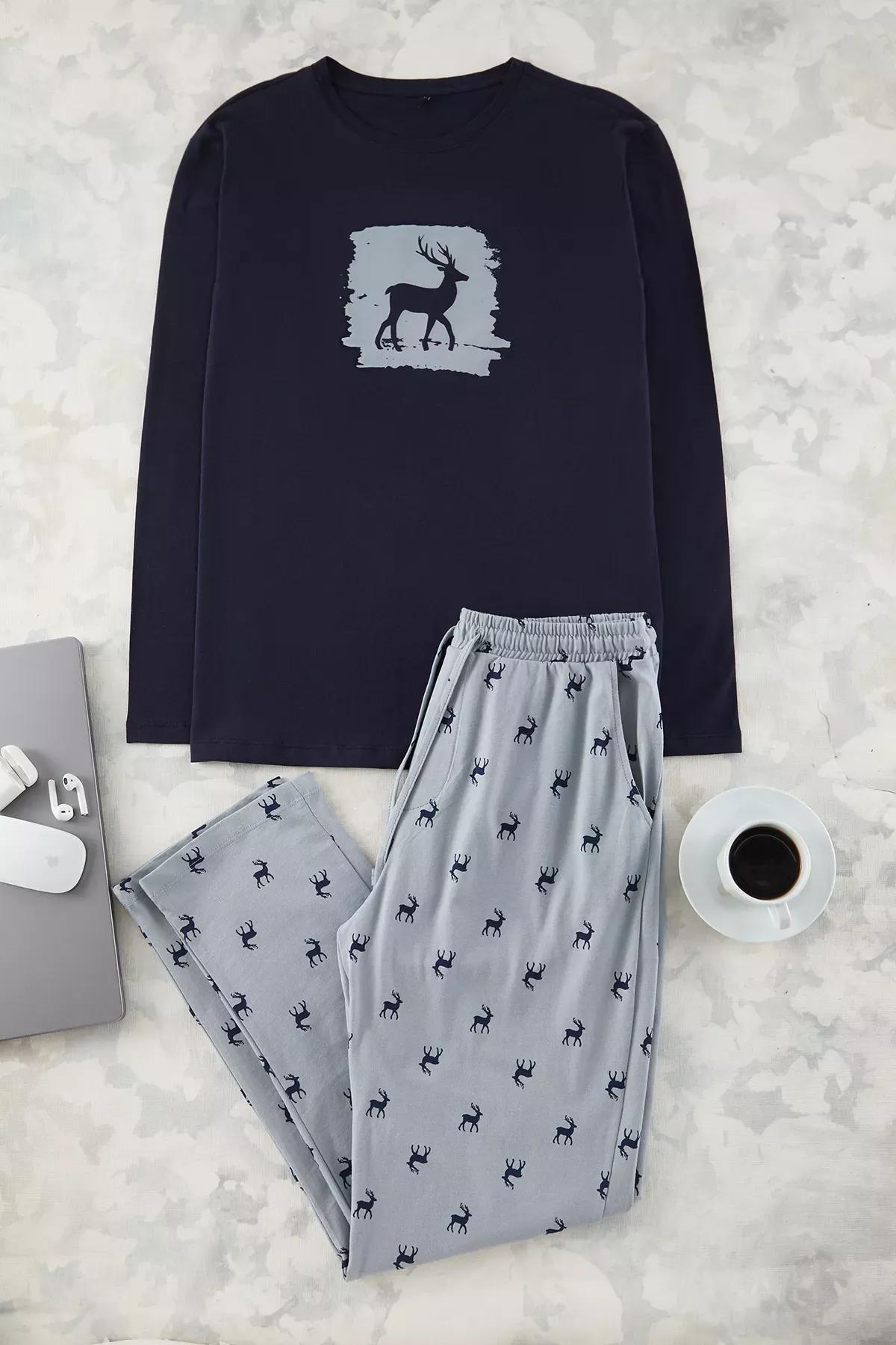 Navy Deer Printed Pajama Set, Navy blue, medium