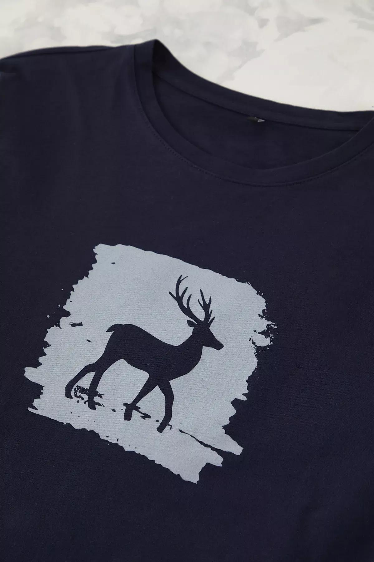 Navy Deer Printed Pajama Set, Navy blue, medium