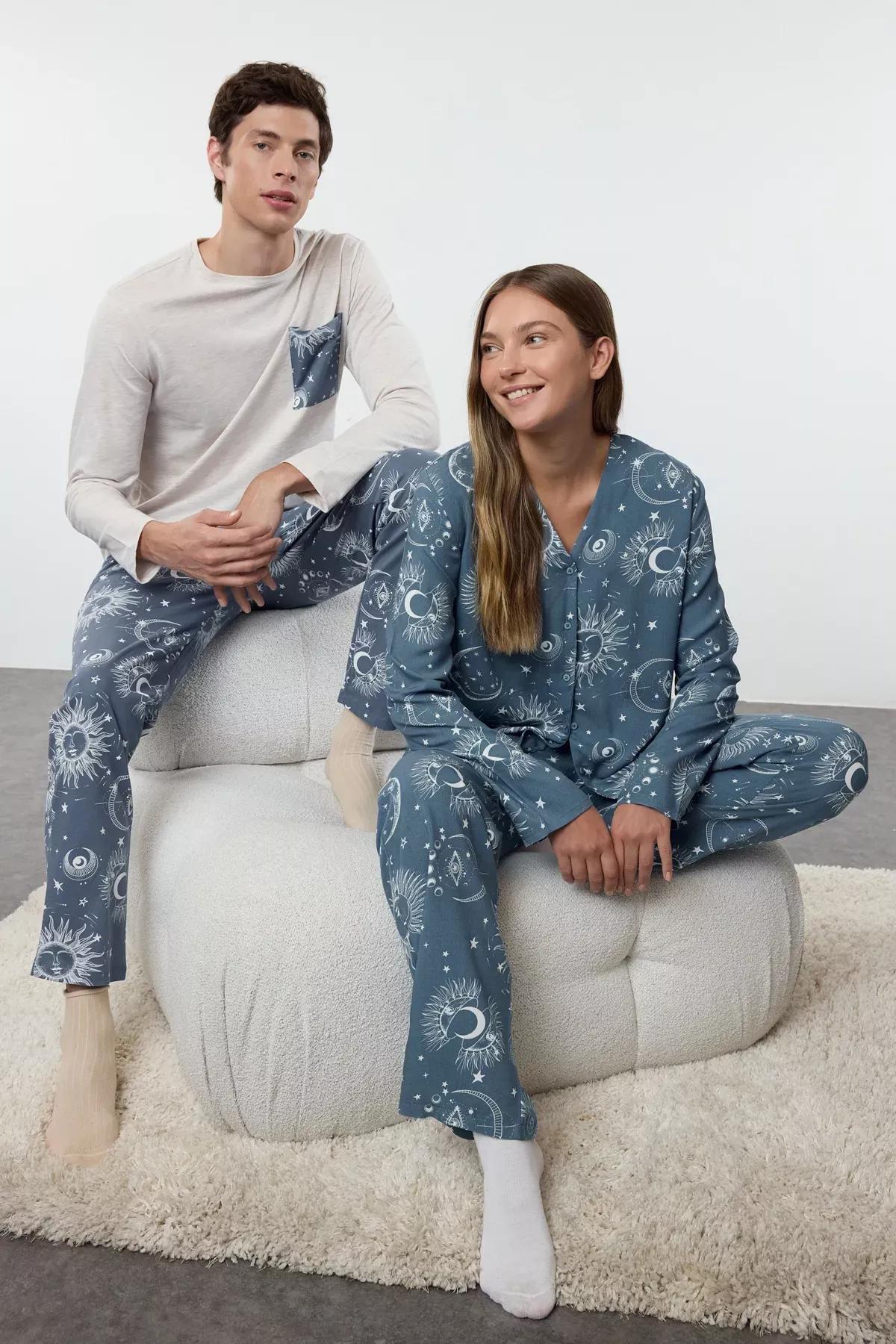 Mens Grey Blue Pajama Set, , large image number 0