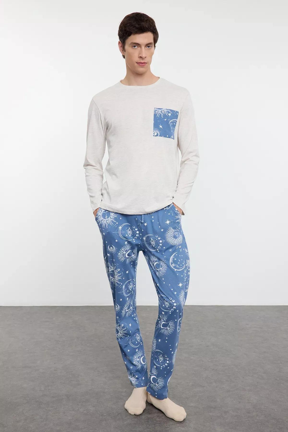 Mens Grey Blue Pajama Set, , large image number 1