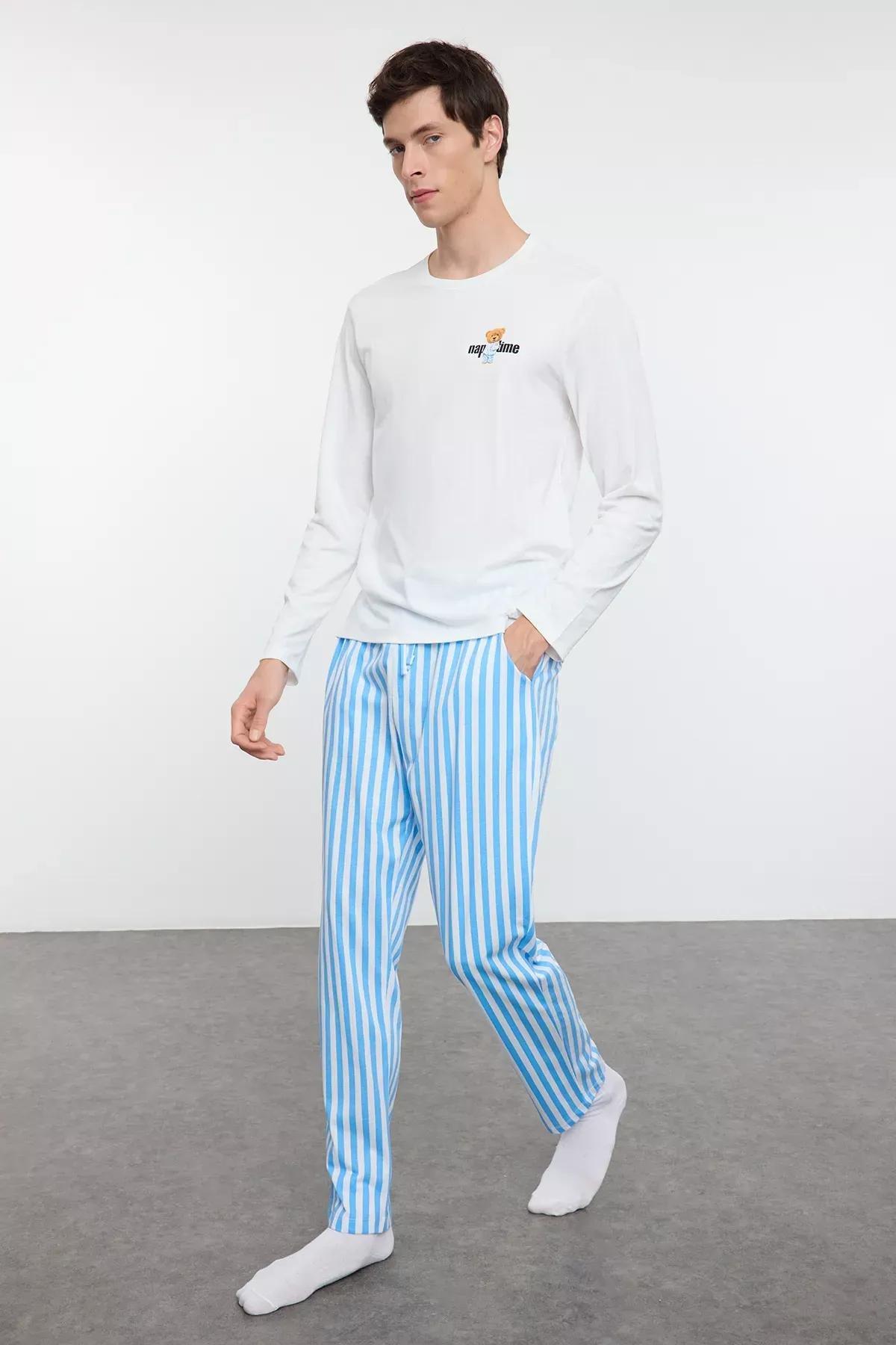 Beige Striped Knitted Pyjamas Set, Ecru, large image number 2