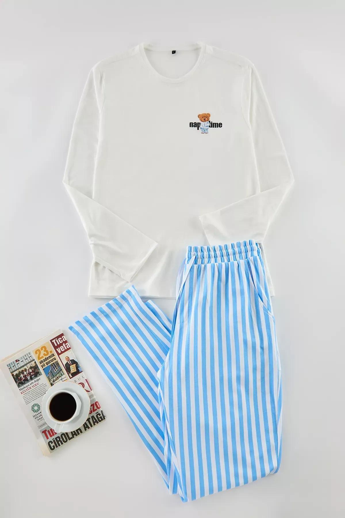 Beige Striped Knitted Pyjamas Set, Ecru, large image number 6