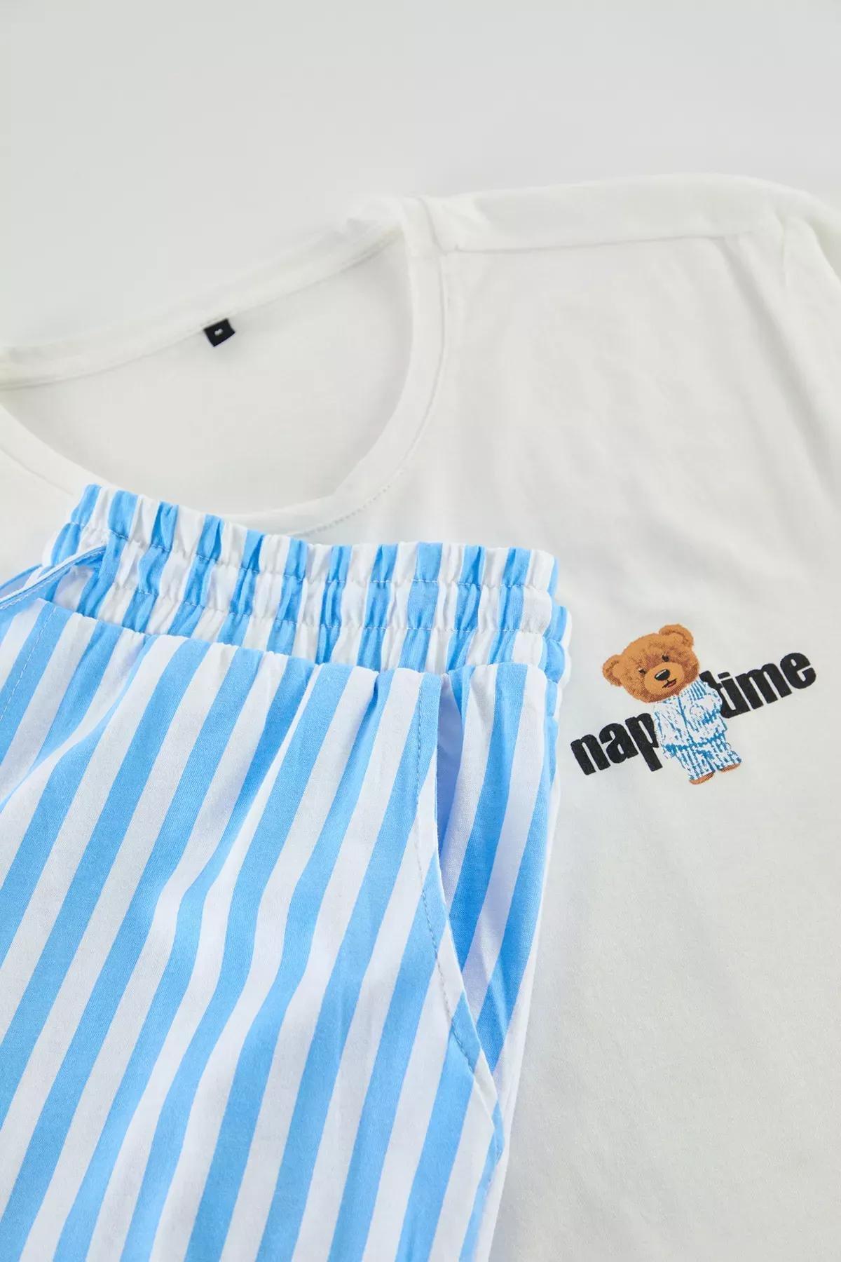 Beige Striped Knitted Pyjamas Set, Ecru, large image number 8