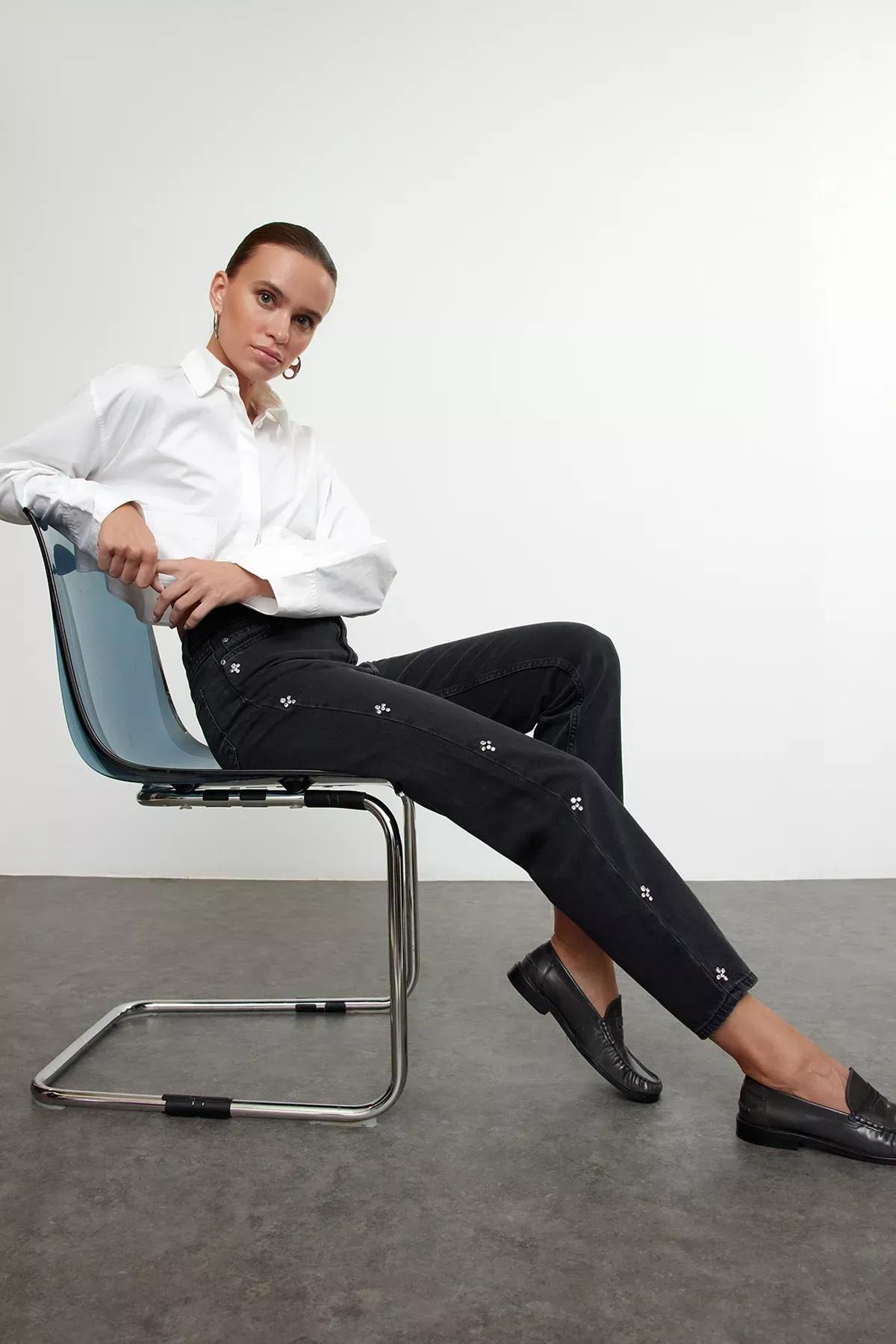 Black Jewelled High-Waist Mom Jeans, , large image number 0