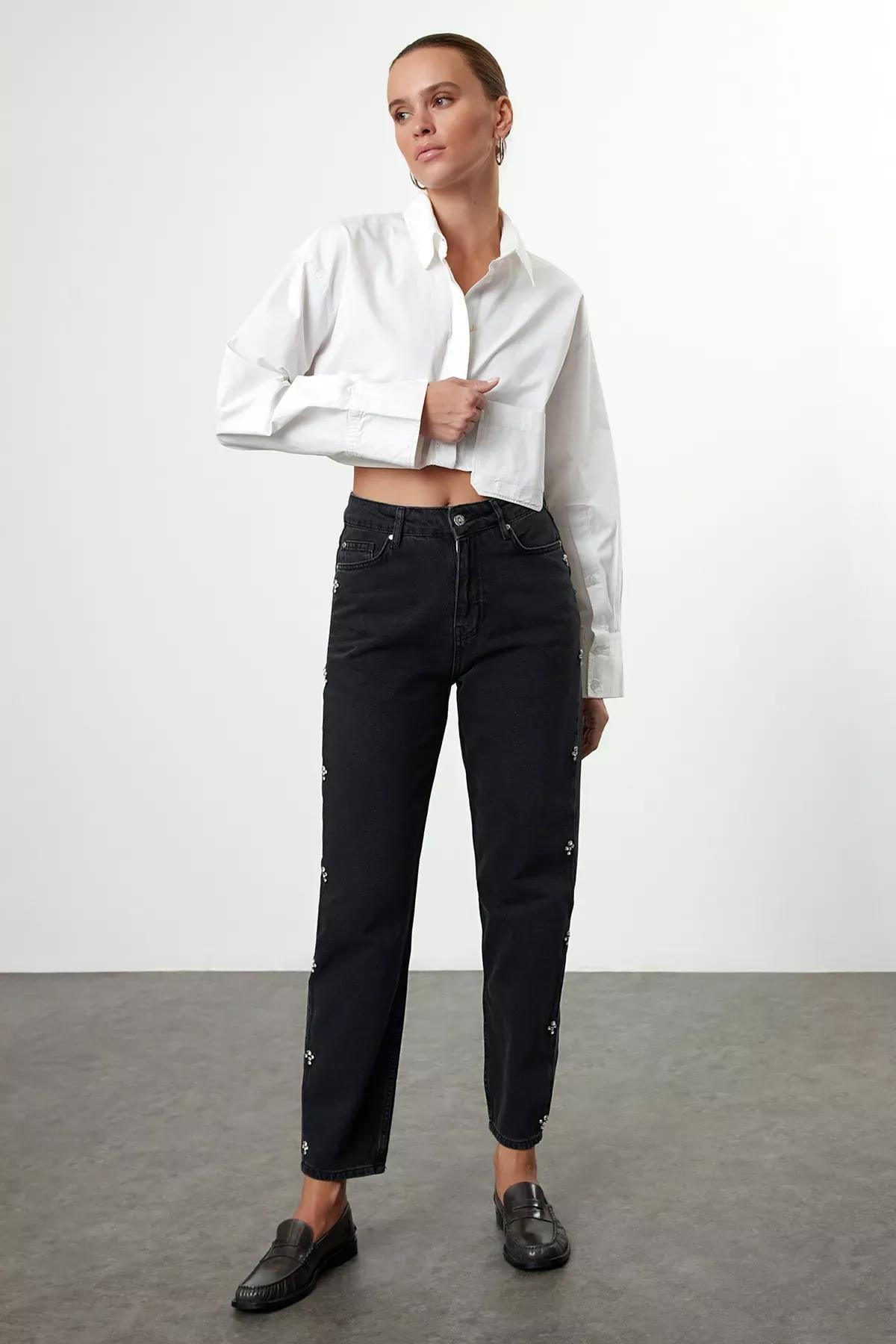 Black Jewelled High-Waist Mom Jeans, , large image number 1