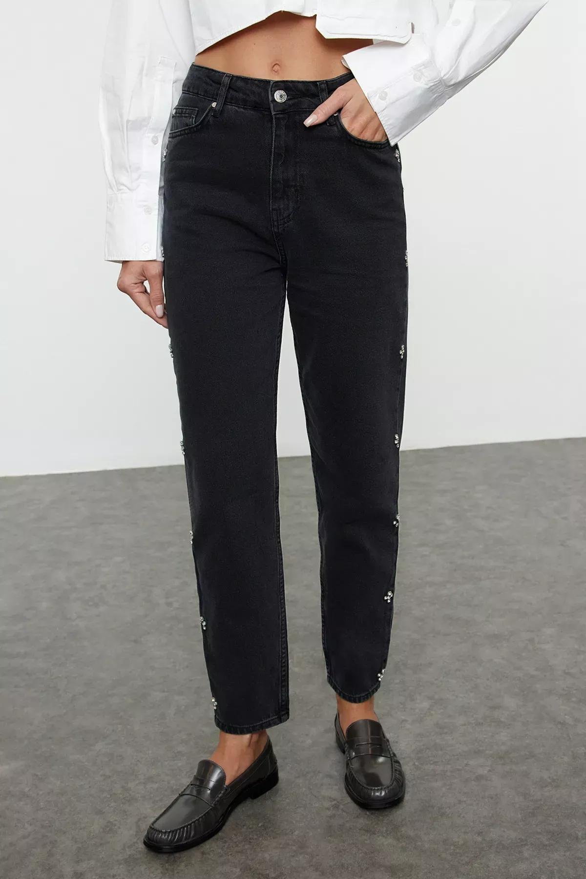 Black Jewelled High-Waist Mom Jeans, , large image number 2