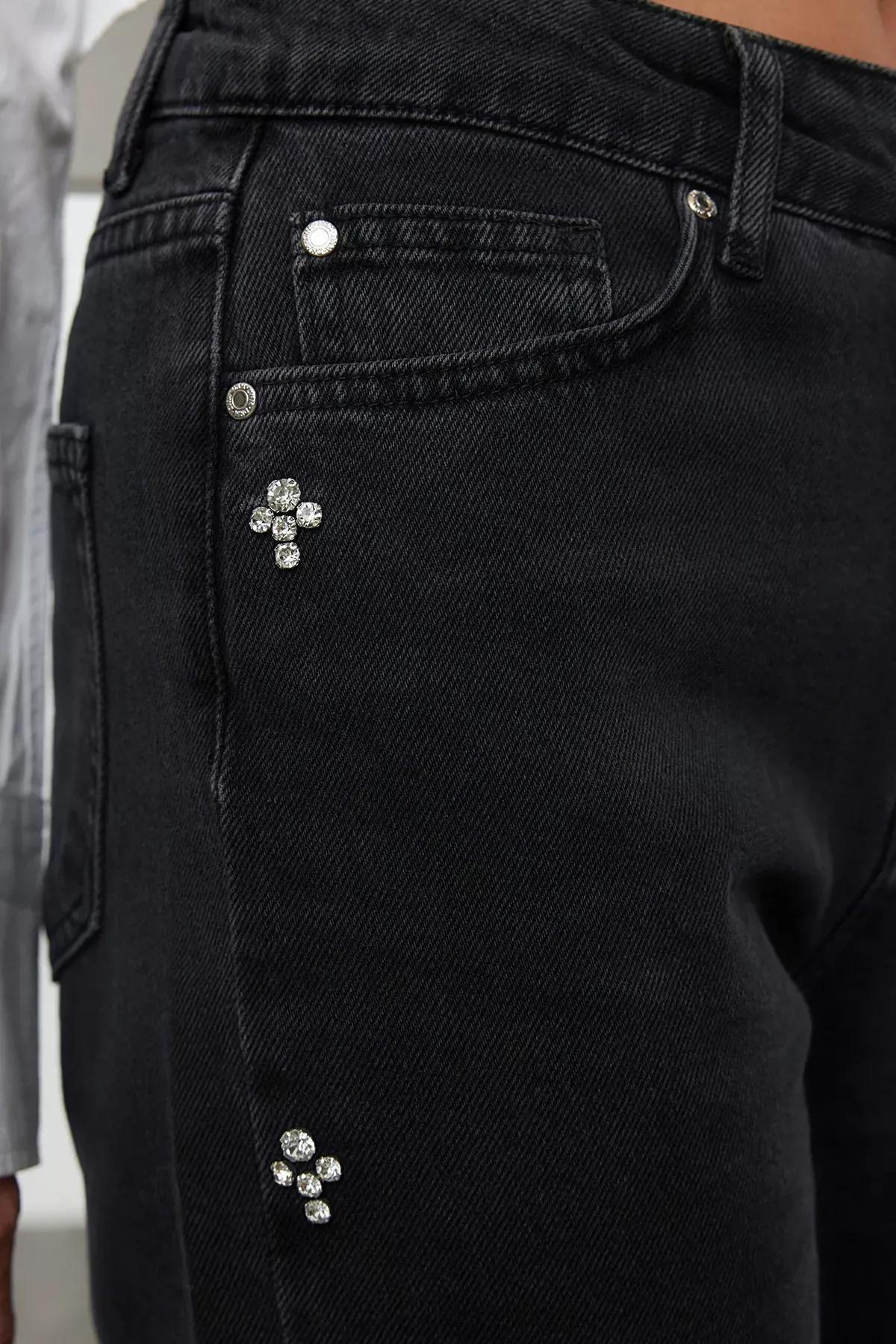 Black Jewelled High-Waist Mom Jeans, , large image number 3