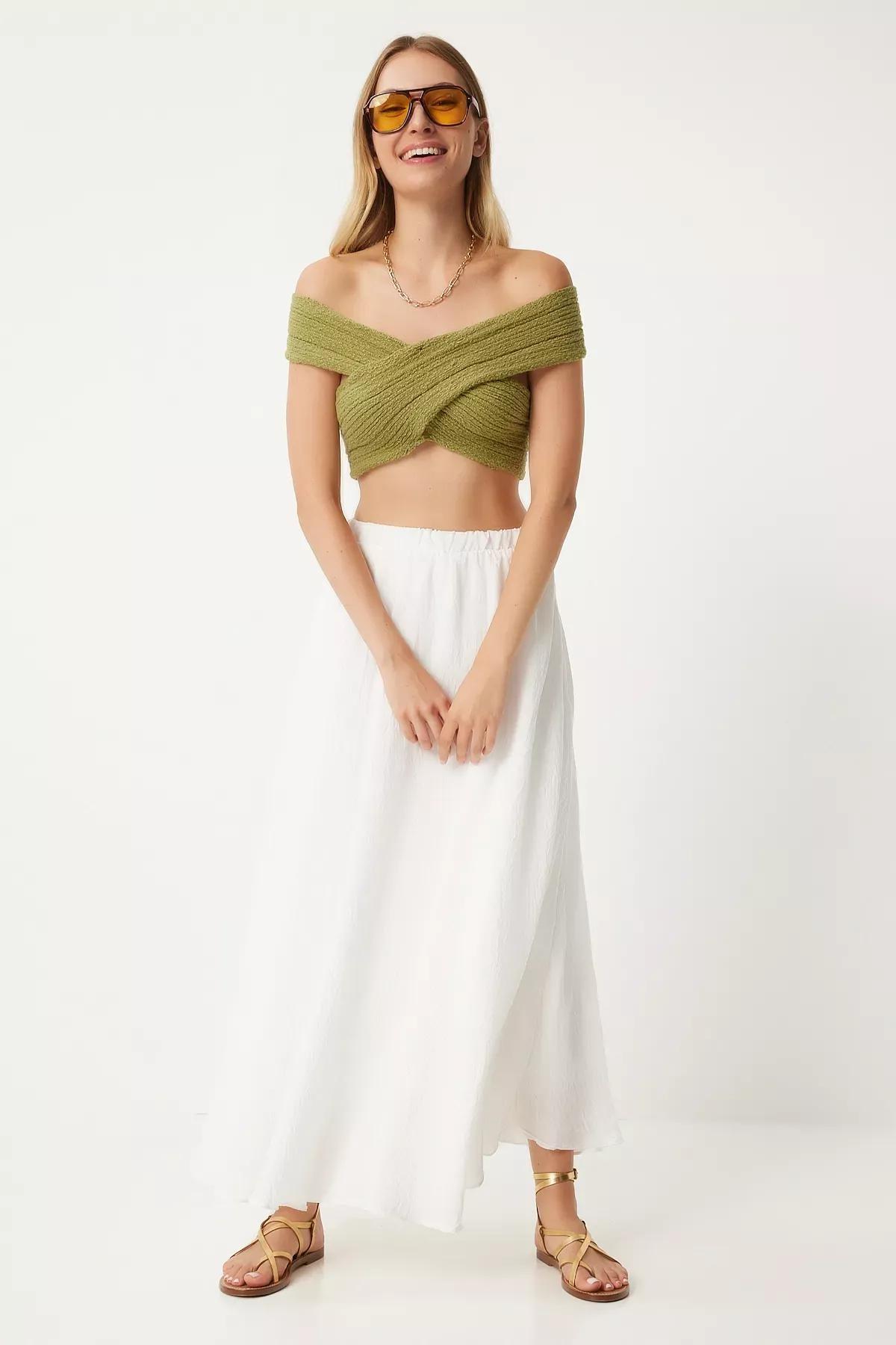 Beige Flounce Linen Skirt, Ecru, large image number 0