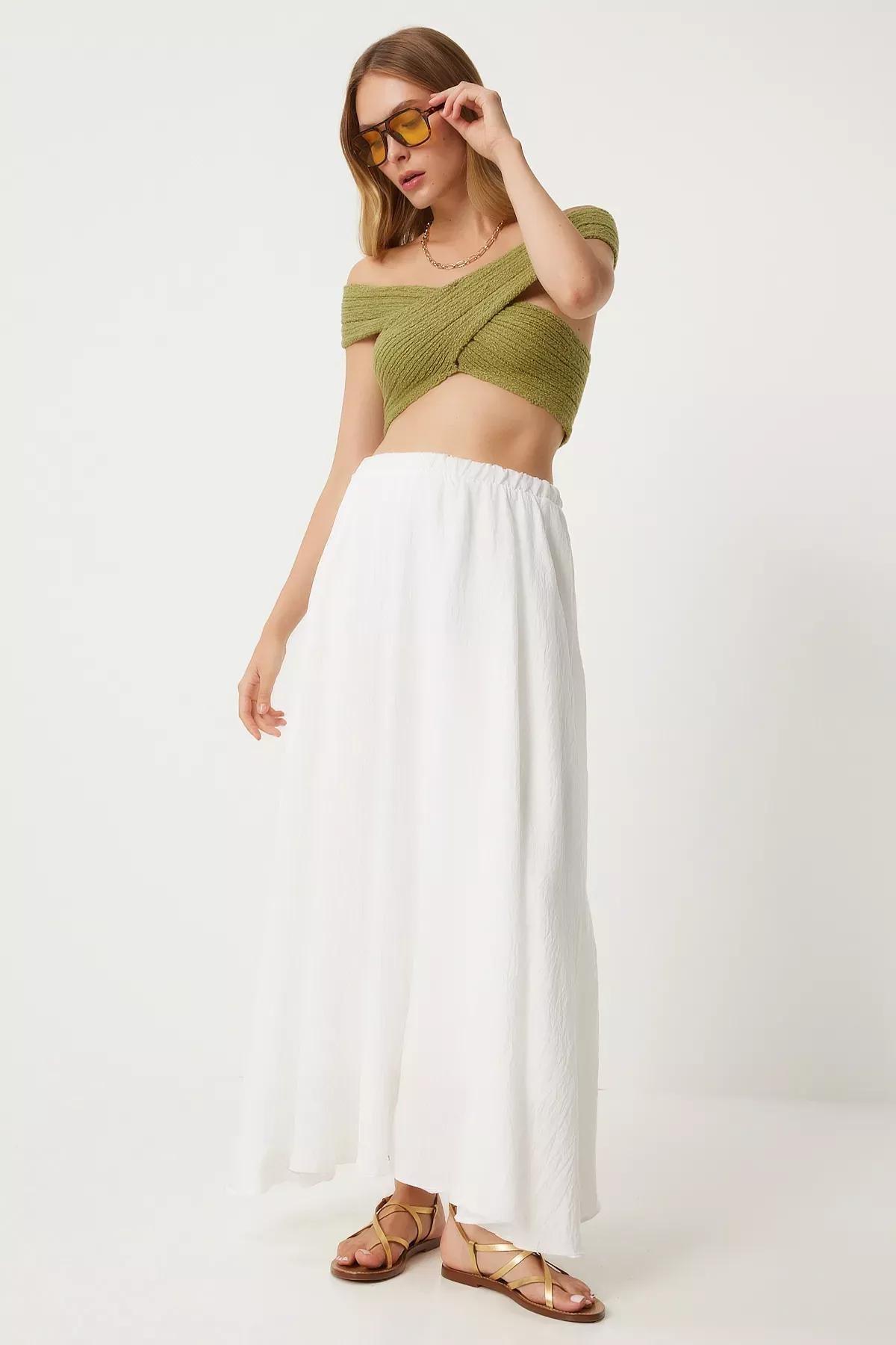 Beige Flounce Linen Skirt, Ecru, large image number 1