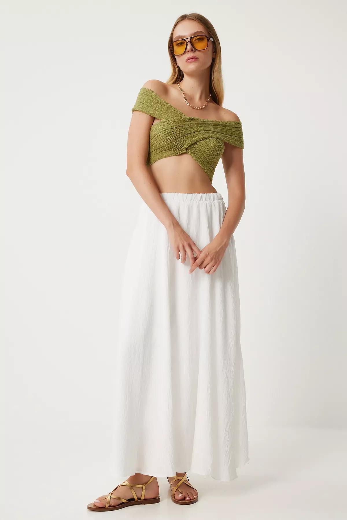 Beige Flounce Linen Skirt, Ecru, large image number 2