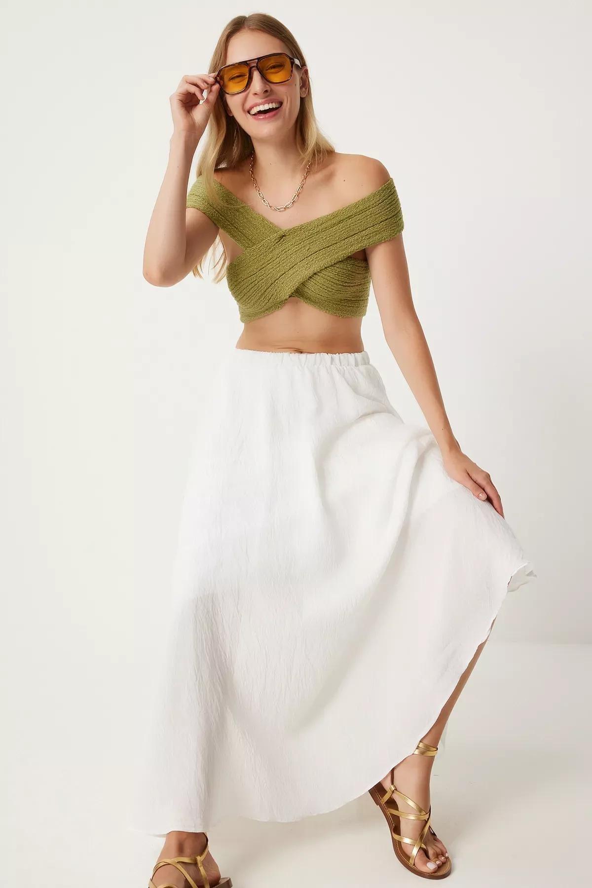 Beige Flounce Linen Skirt, Ecru, large image number 3