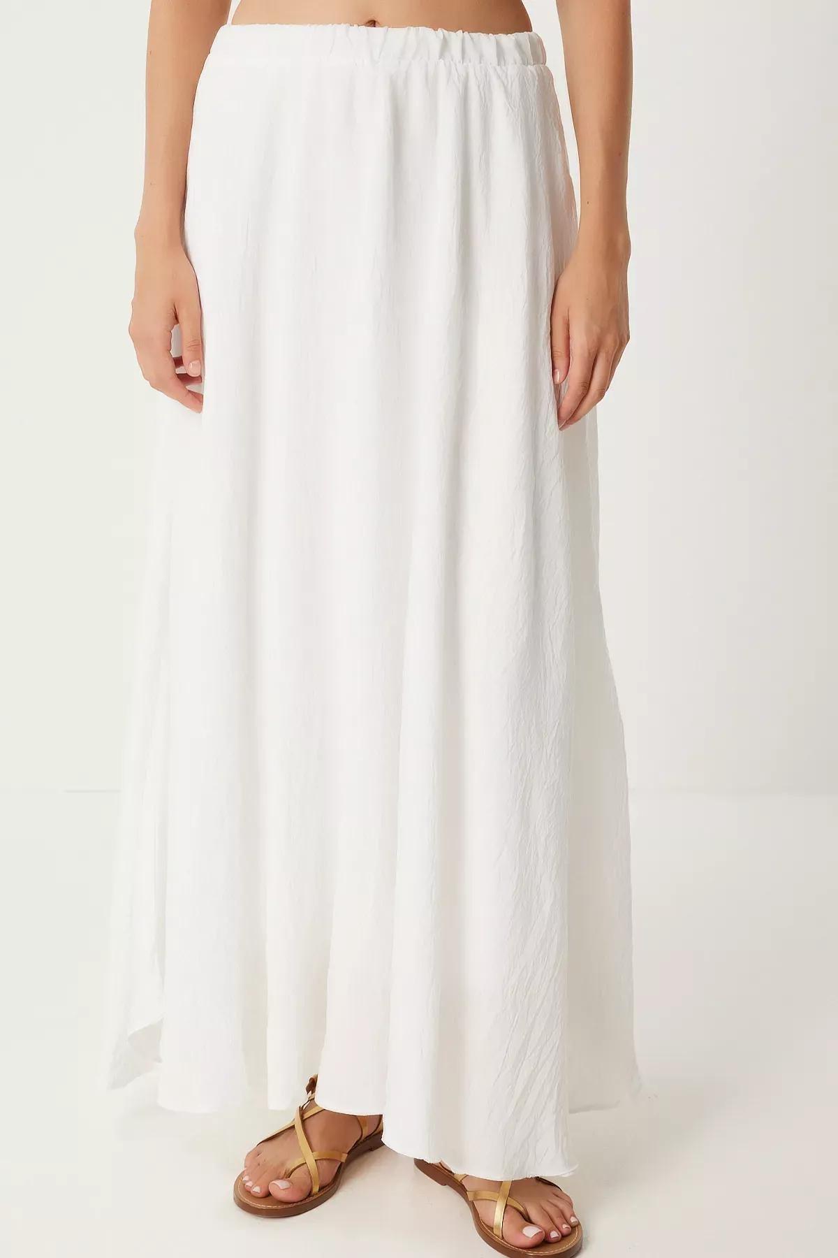 Beige Flounce Linen Skirt, Ecru, large image number 4