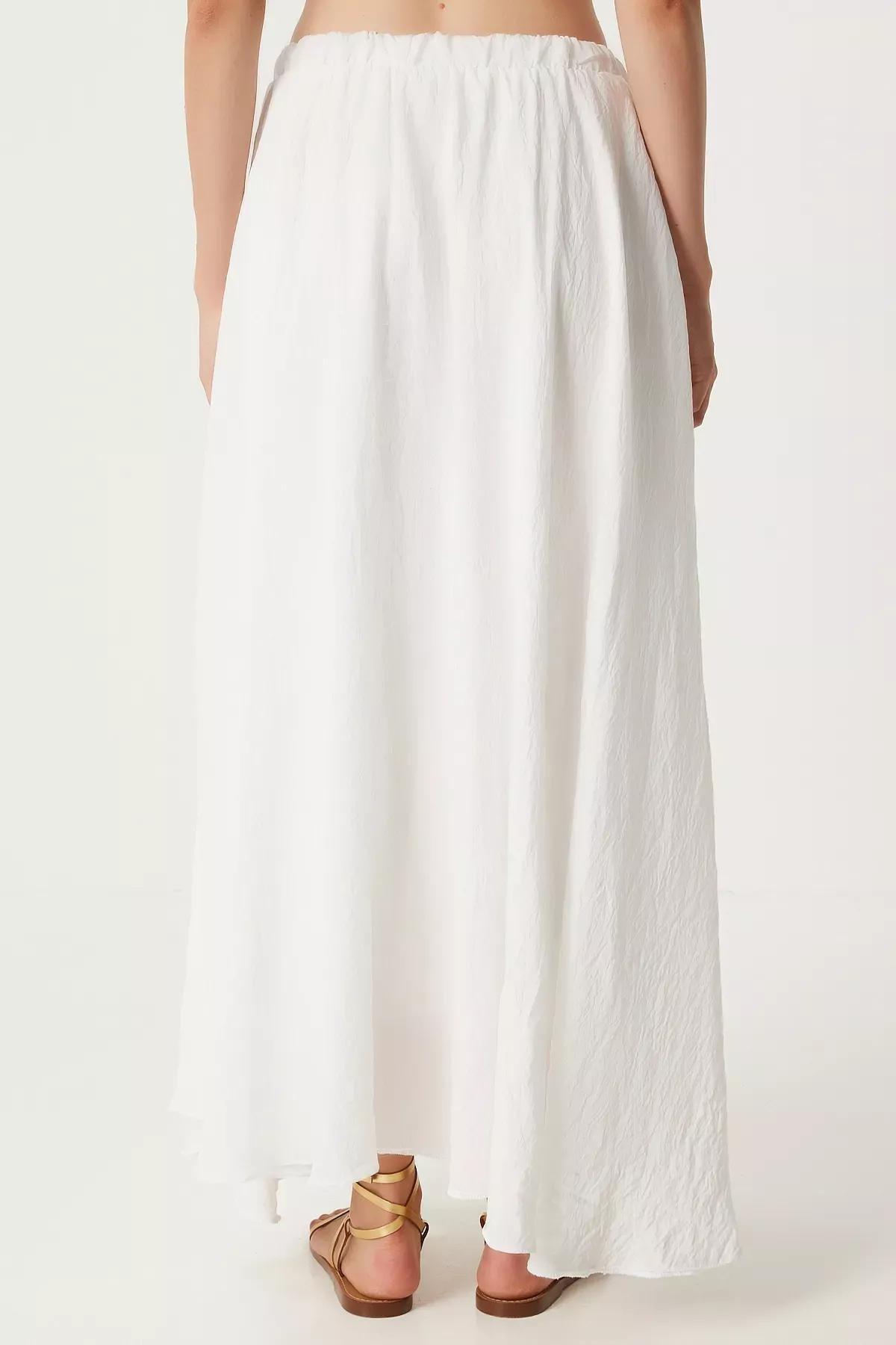 Beige Flounce Linen Skirt, Ecru, large image number 5