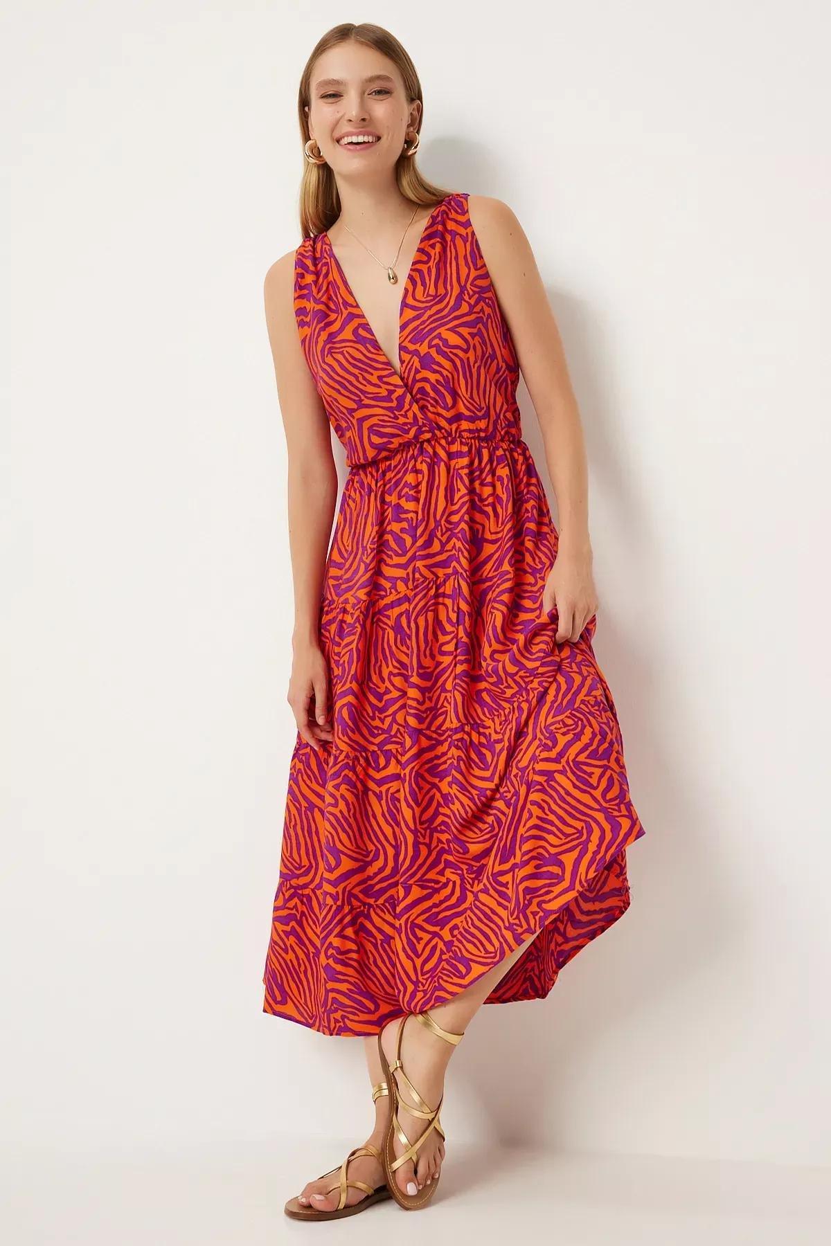 Orange Patterned V-Neck Summer Dress, C101_6354, large image number 0