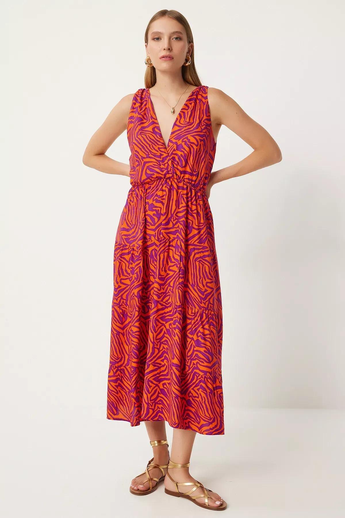 Orange Patterned V-Neck Summer Dress, C101_6354, large image number 1