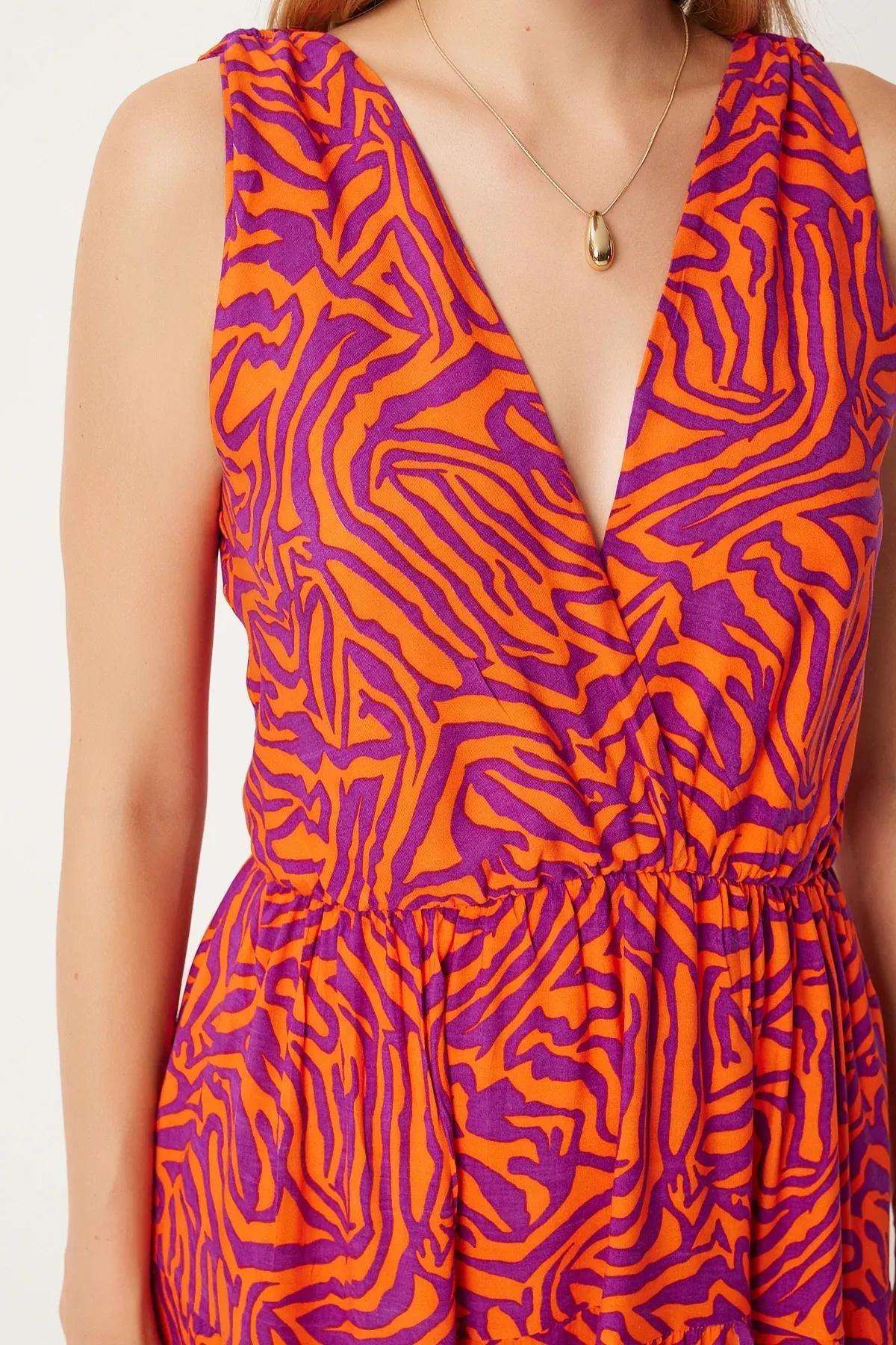 Orange Patterned V-Neck Summer Dress, C101_6354, large image number 2