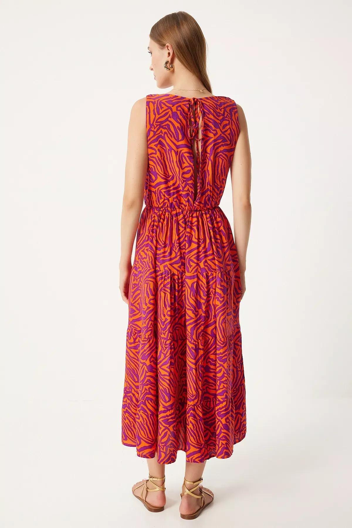 Orange Patterned V-Neck Summer Dress, C101_6354, large image number 3