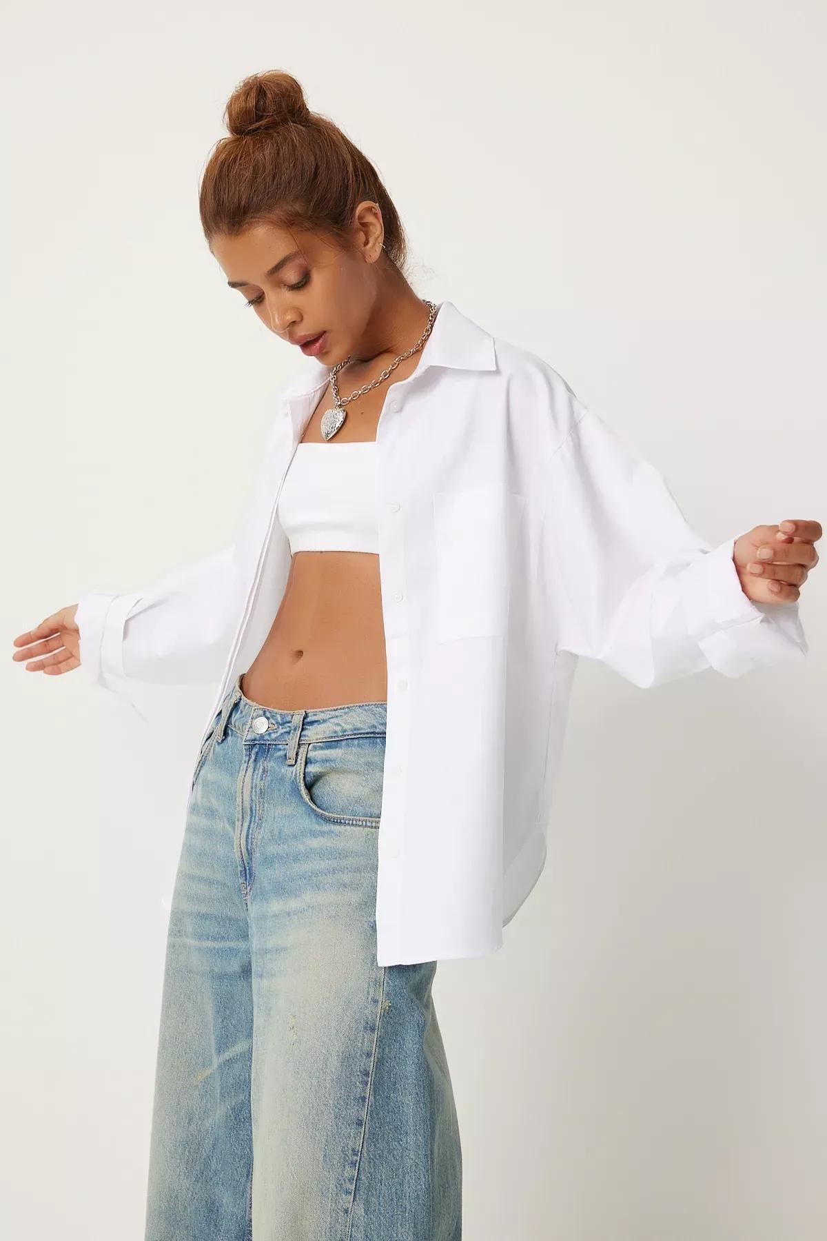 White Detailed Oversized Shirt, White, large image number 0