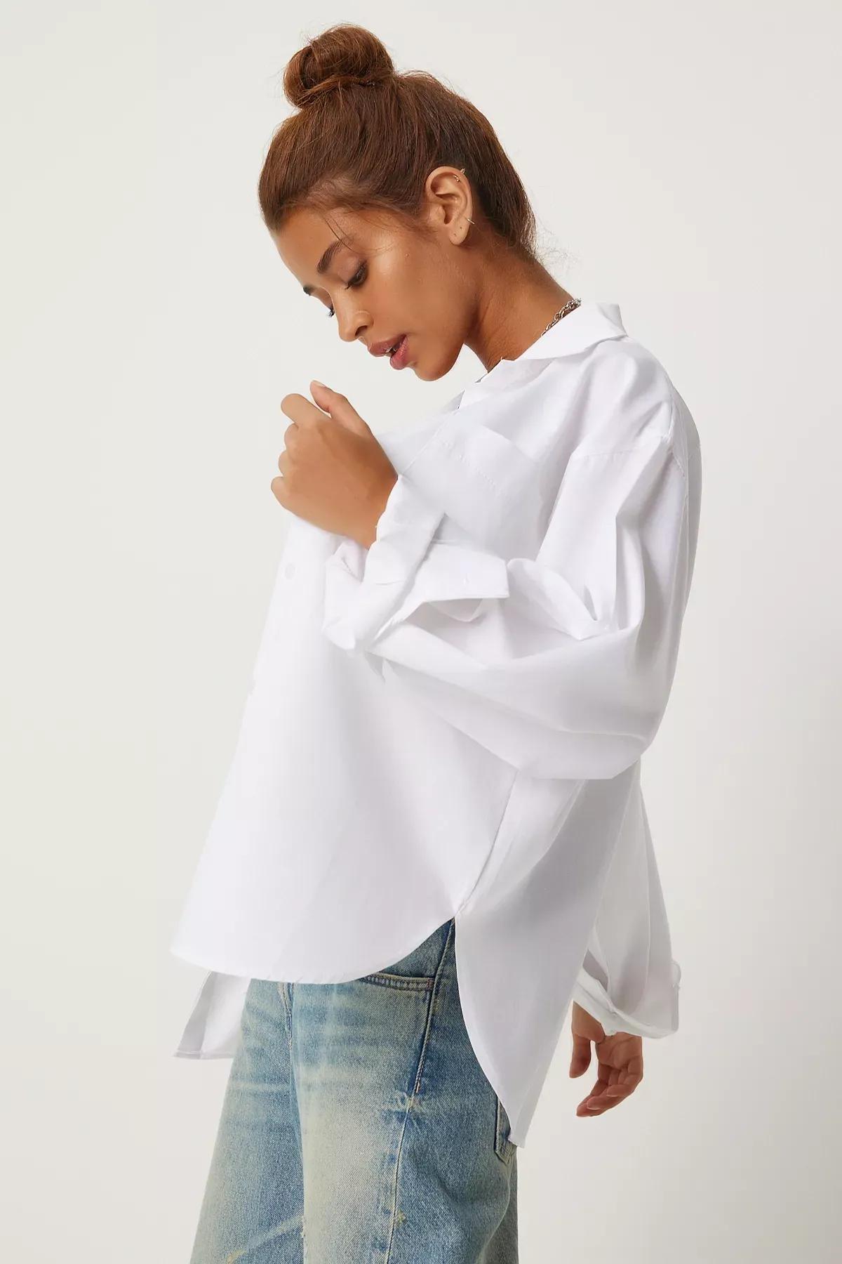 White Detailed Oversized Shirt, White, large image number 1