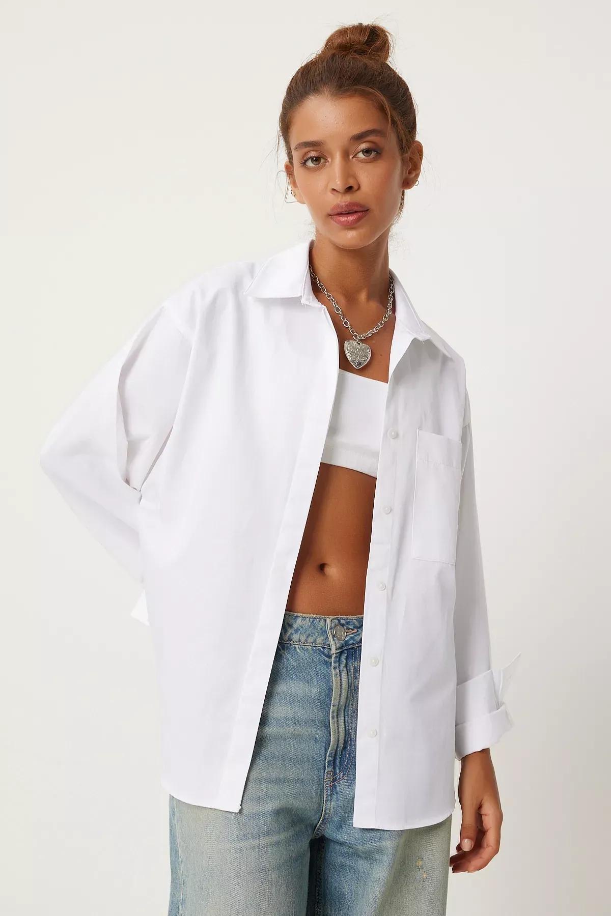 White Detailed Oversized Shirt, White, large image number 2