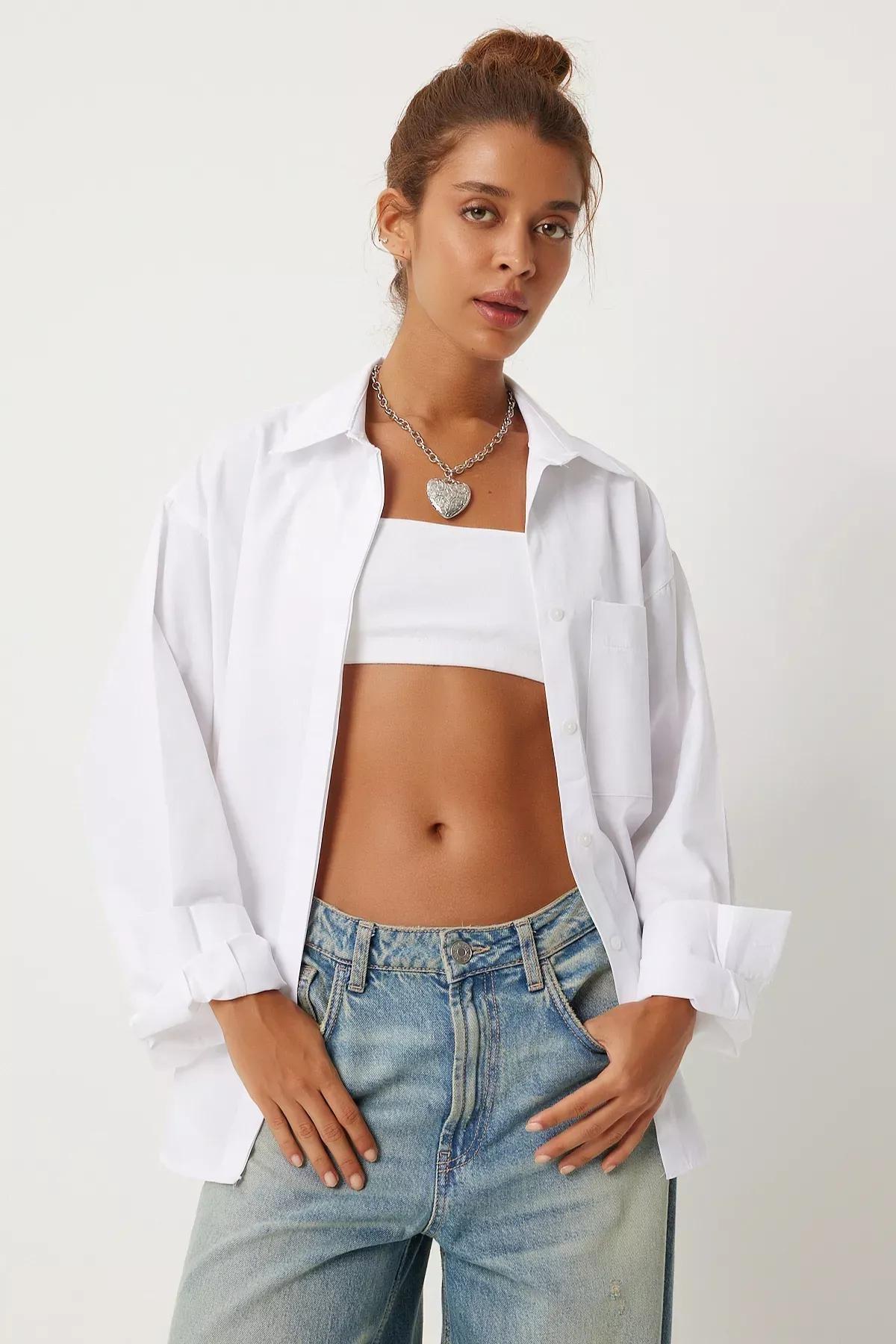 White Detailed Oversized Shirt, White, large image number 3