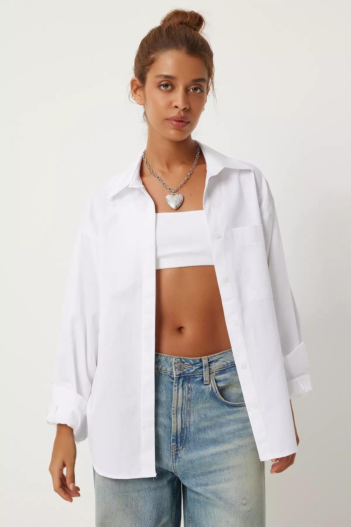 White Detailed Oversized Shirt, White, large image number 4