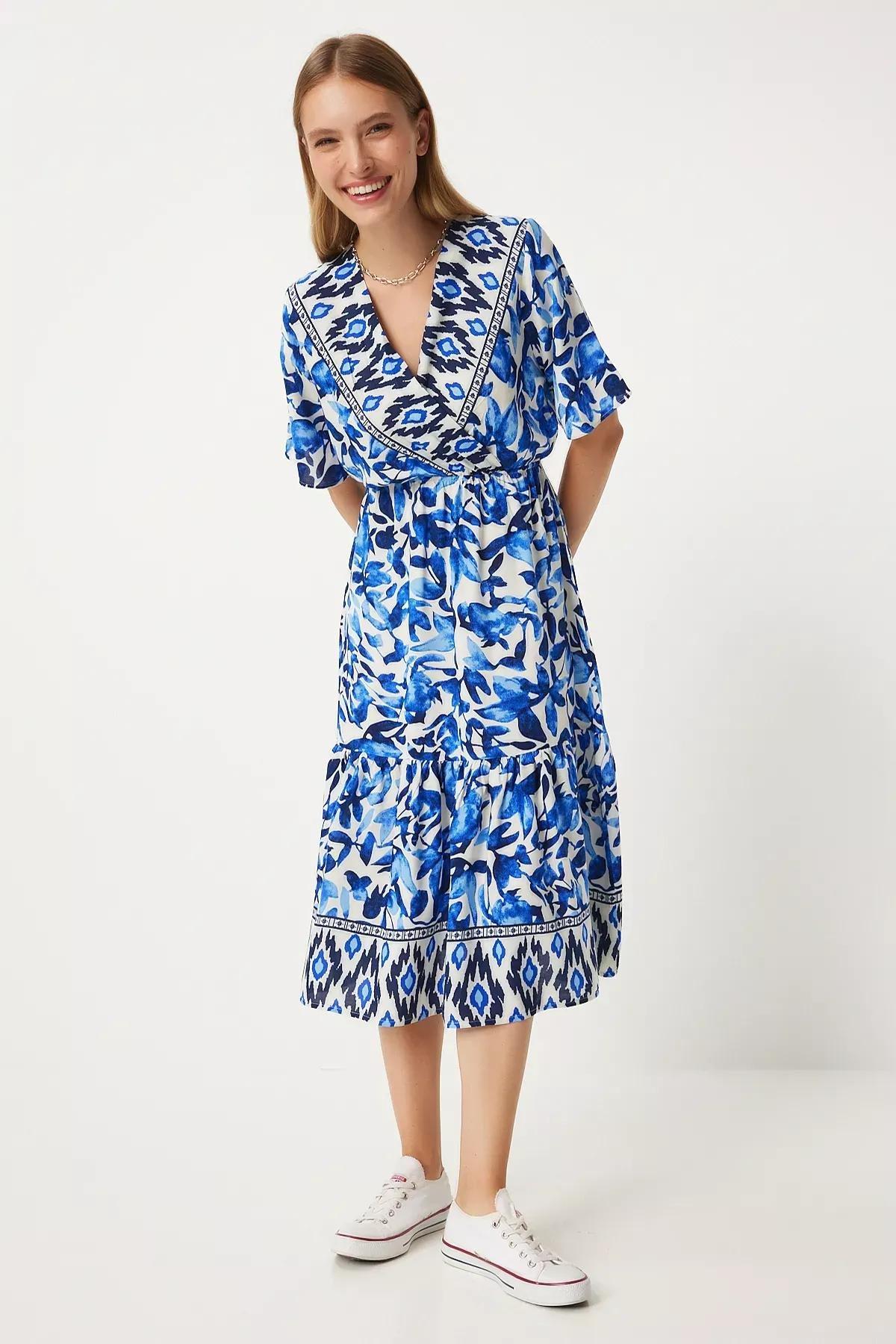 Blue V-Neck Elastic Waist Summer Dress, , large image number 0