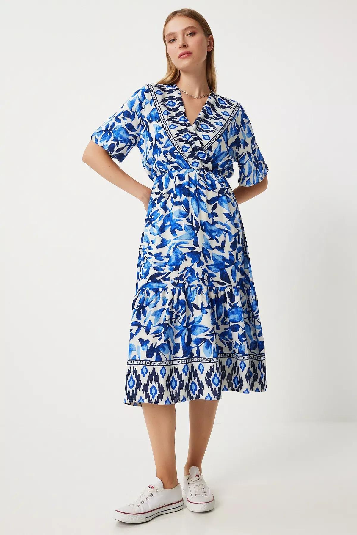 Blue V-Neck Elastic Waist Summer Dress, , large image number 1