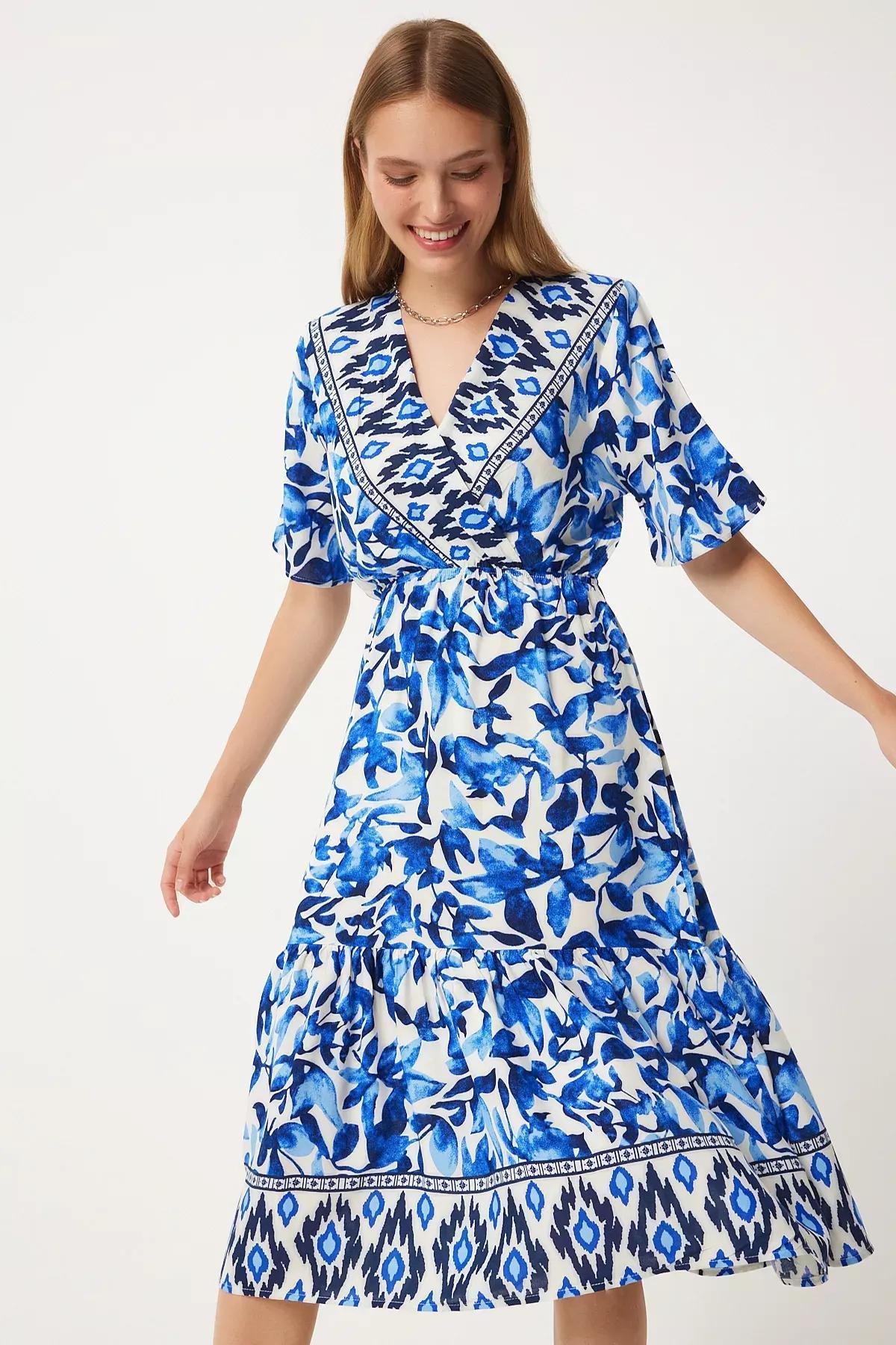 Blue V-Neck Elastic Waist Summer Dress, , large image number 3