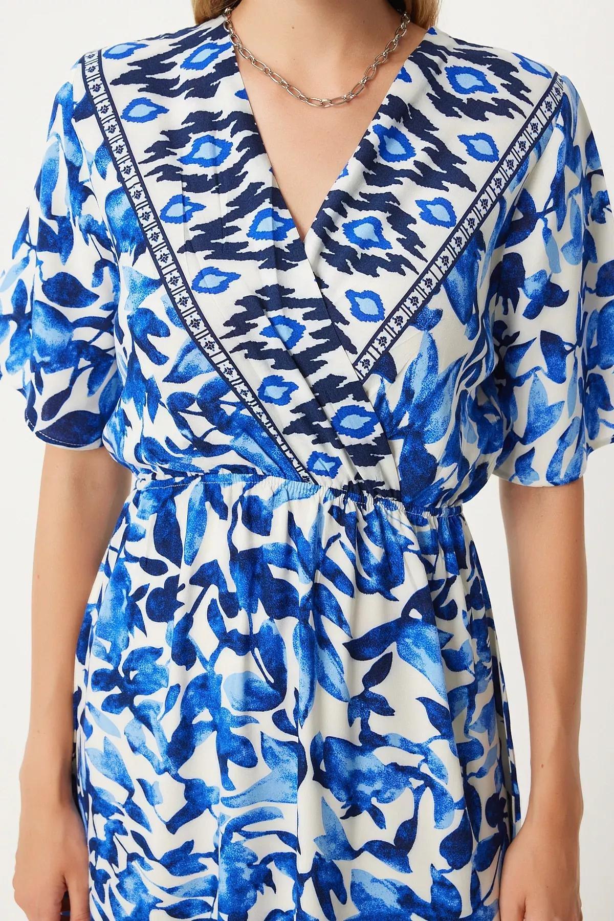 Blue V-Neck Elastic Waist Summer Dress, , large image number 4