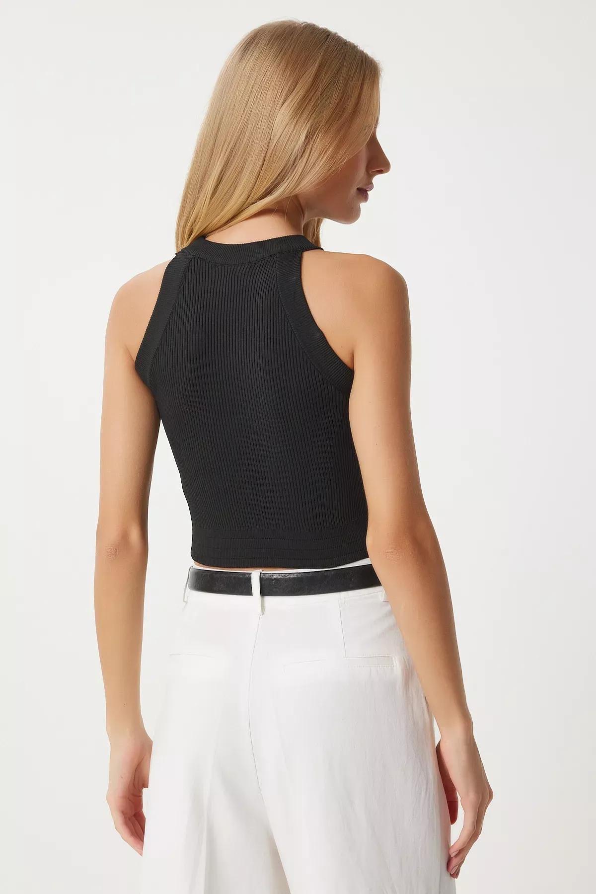 Black Stylish Button Detailed Halter Neck Blouse, C101_30, large image number 3