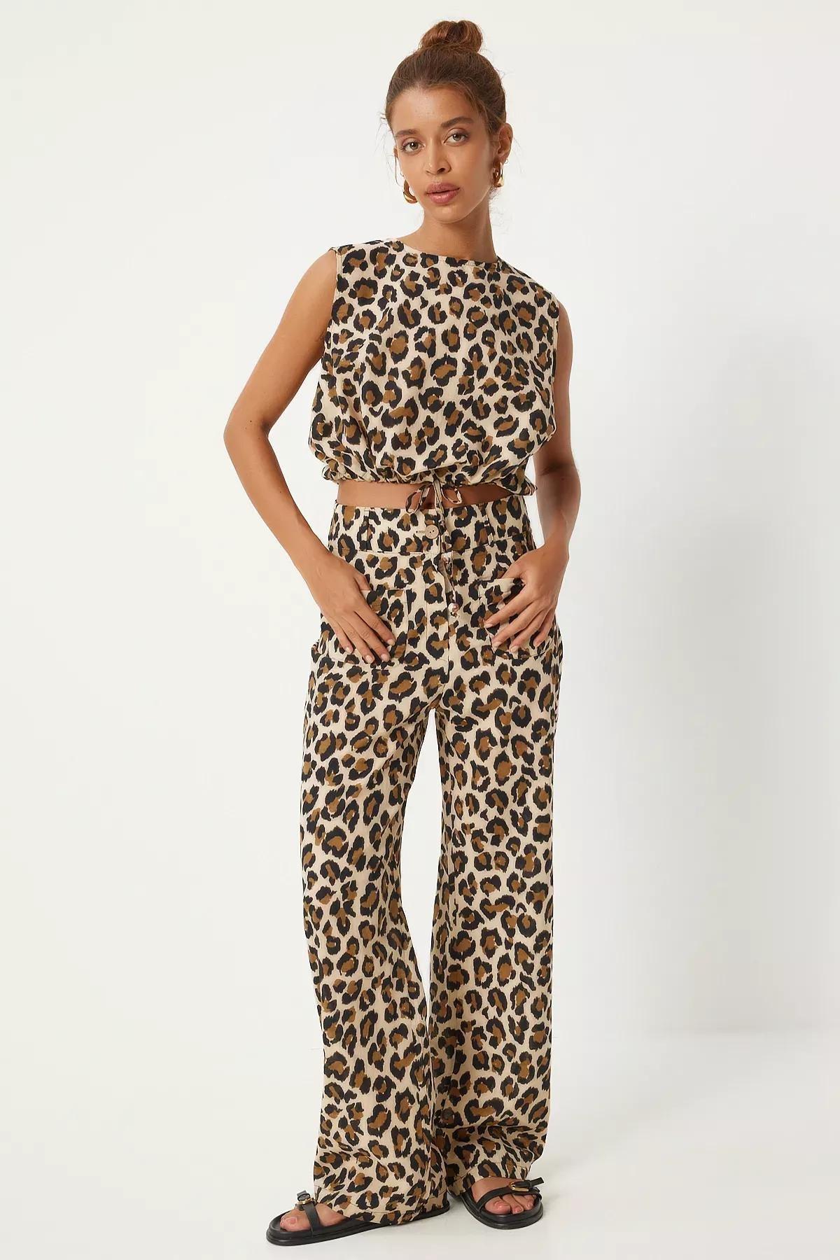 Cream Brown Leopard Blouse Trousers Set, Cream Brown, large image number 0