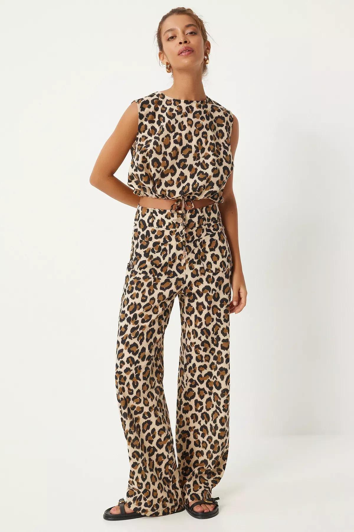 Cream Brown Leopard Blouse Trousers Set, Cream Brown, large image number 2