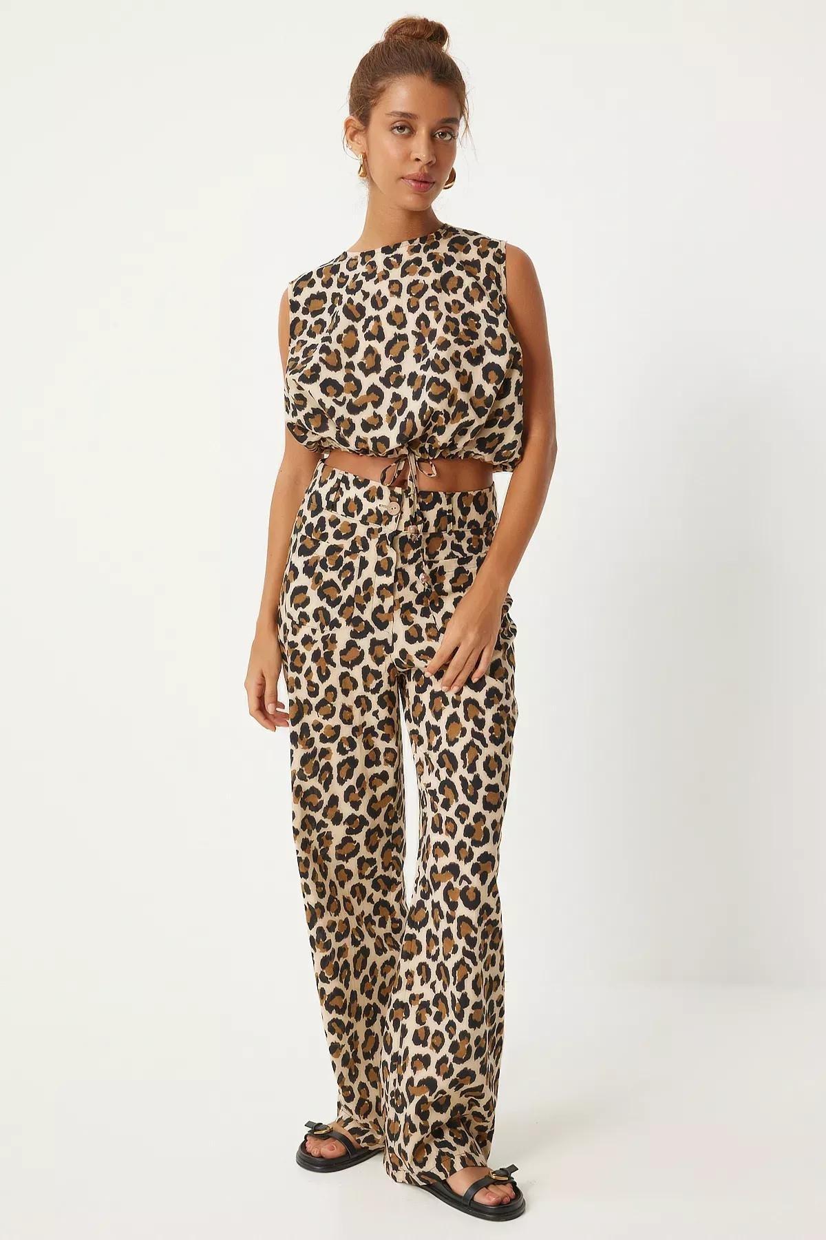 Cream Brown Leopard Blouse Trousers Set, Cream Brown, large image number 3