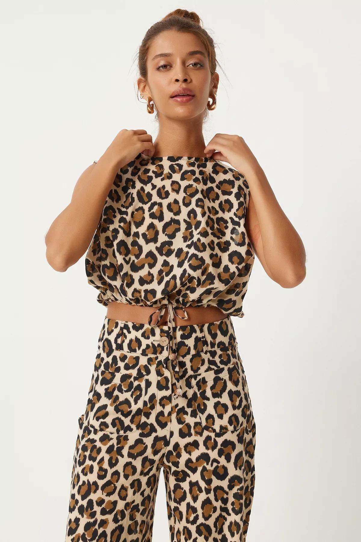 Cream Brown Leopard Blouse Trousers Set, Cream Brown, large image number 4