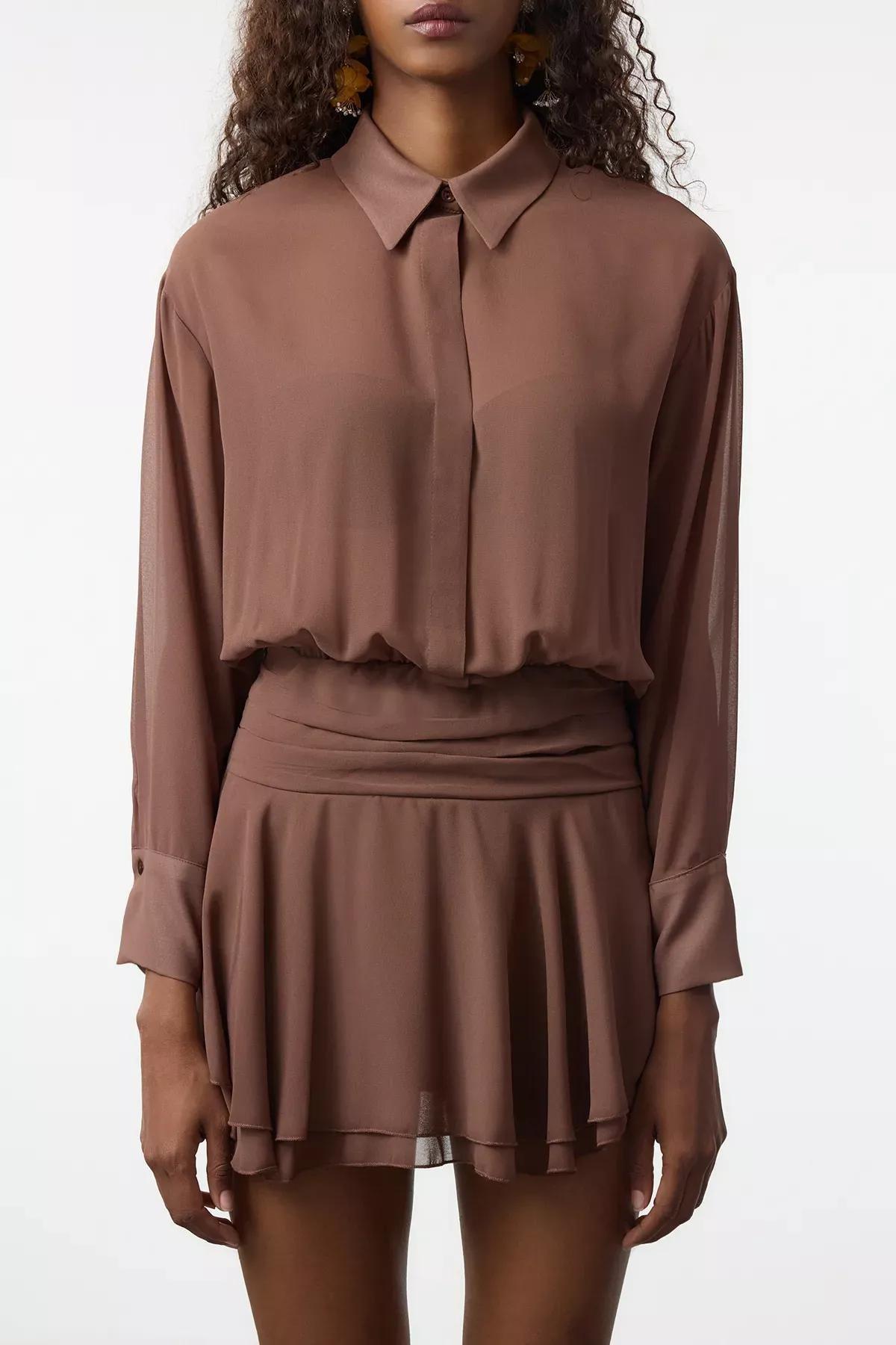 Brown Collared Shirt Detailed Chiffon Dress, , large image number 2