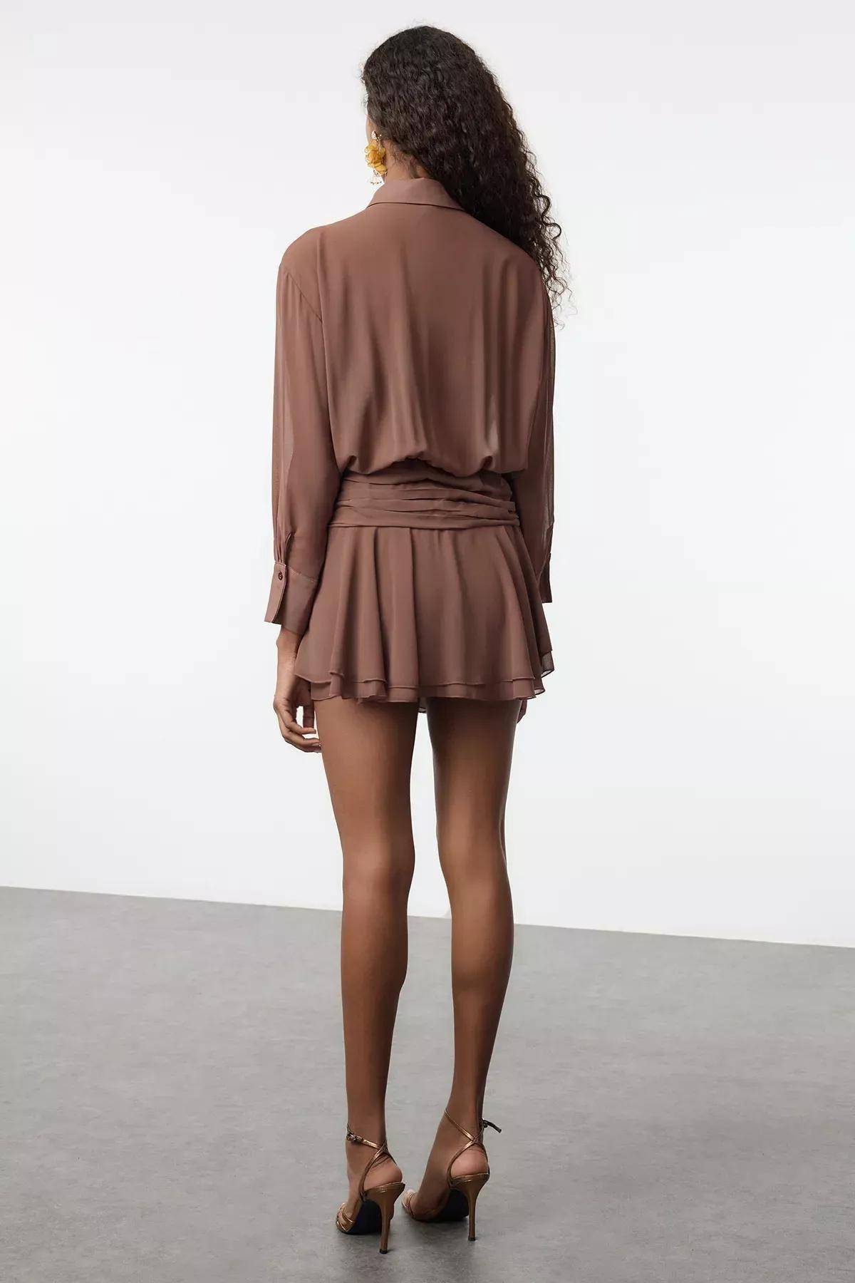 Brown Collared Shirt Detailed Chiffon Dress, , large image number 4