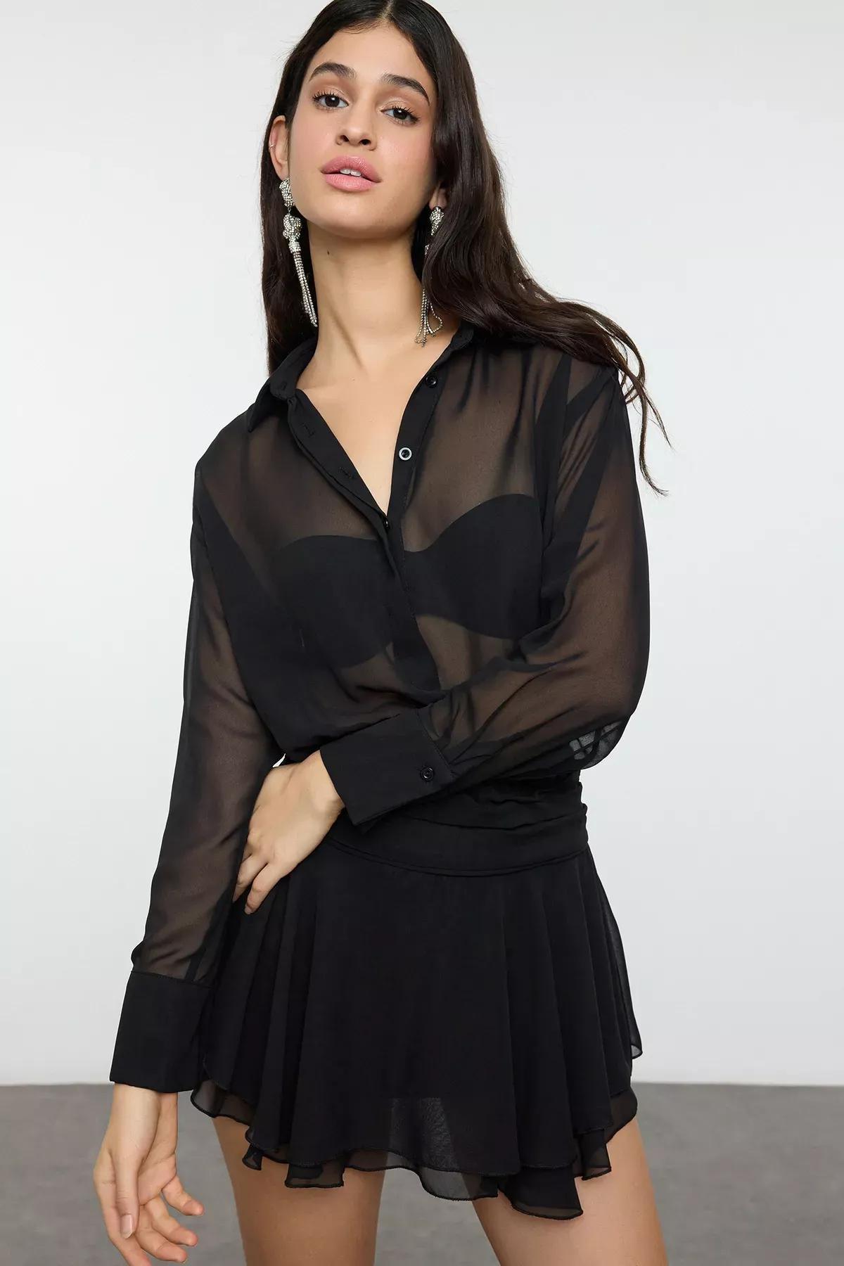 Black Collared Shirt Detail Chiffon Dress, , large image number 0