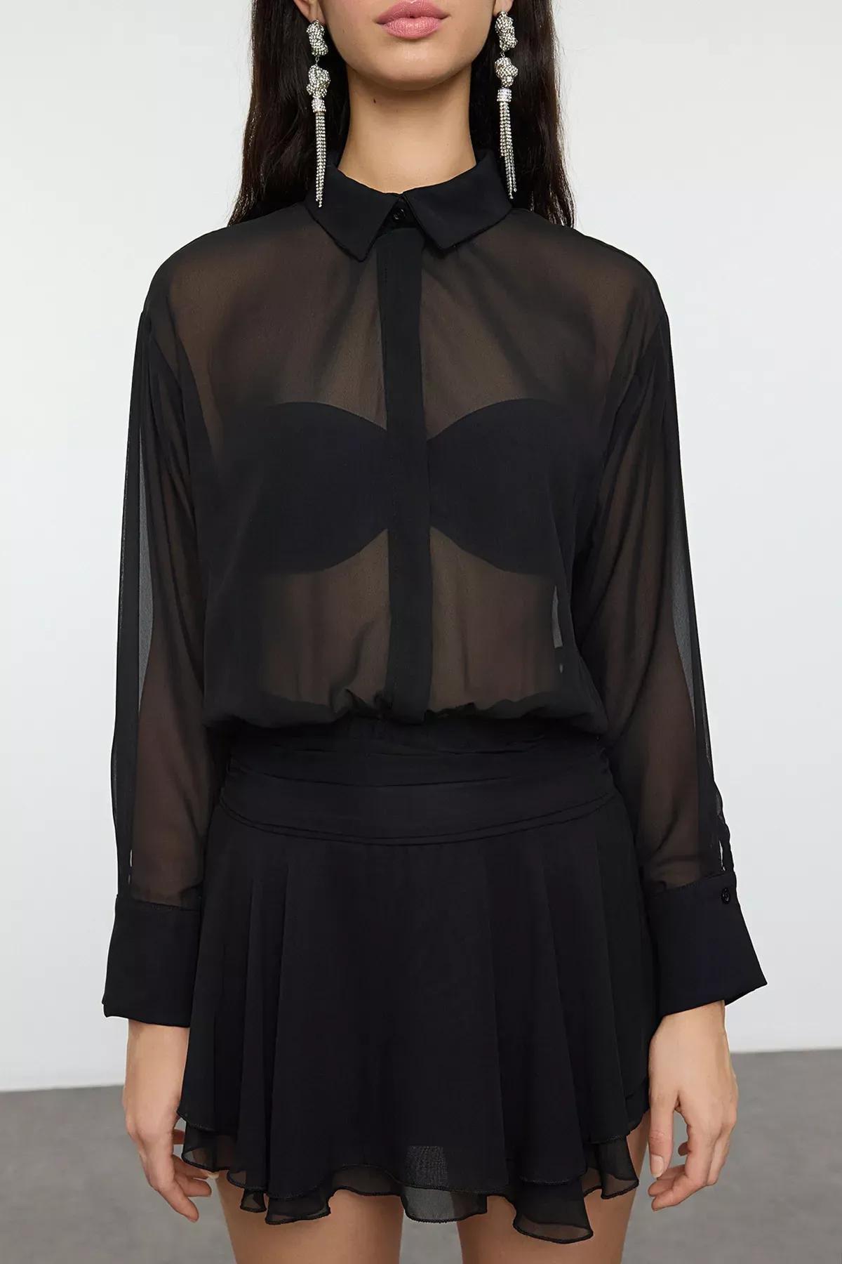 Black Collared Shirt Detail Chiffon Dress, , large image number 2