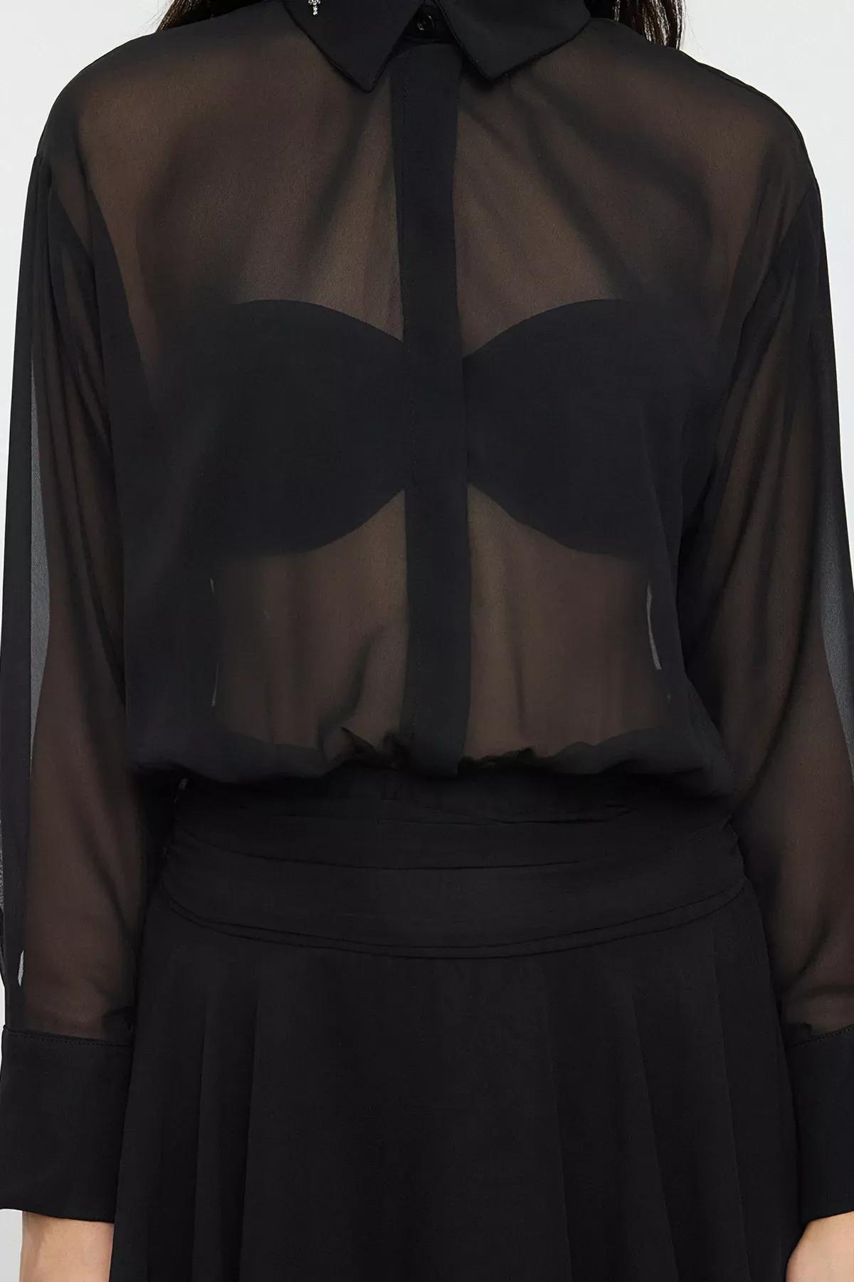 Black Collared Shirt Detail Chiffon Dress, , large image number 3