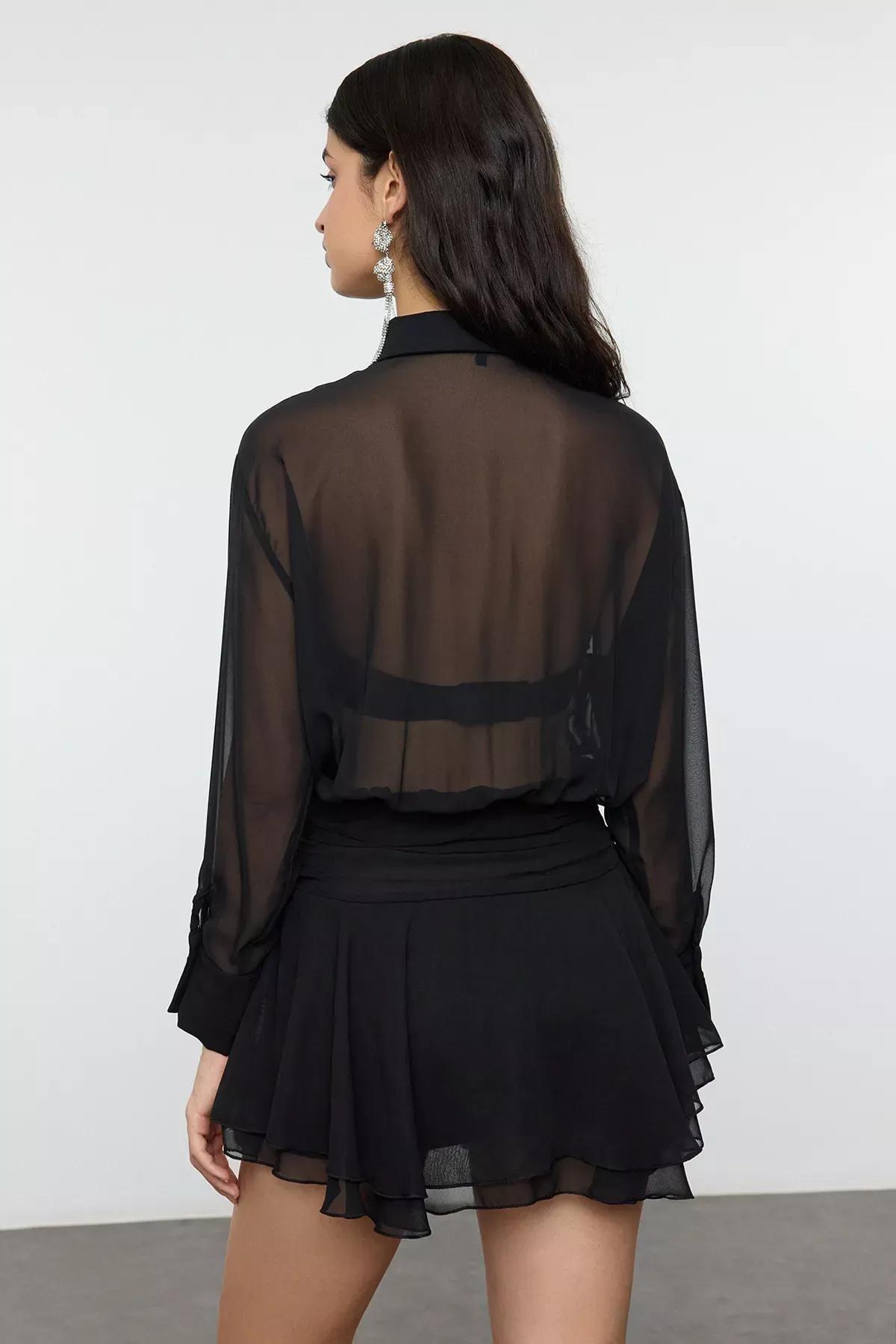 Black Collared Shirt Detail Chiffon Dress, , large image number 4